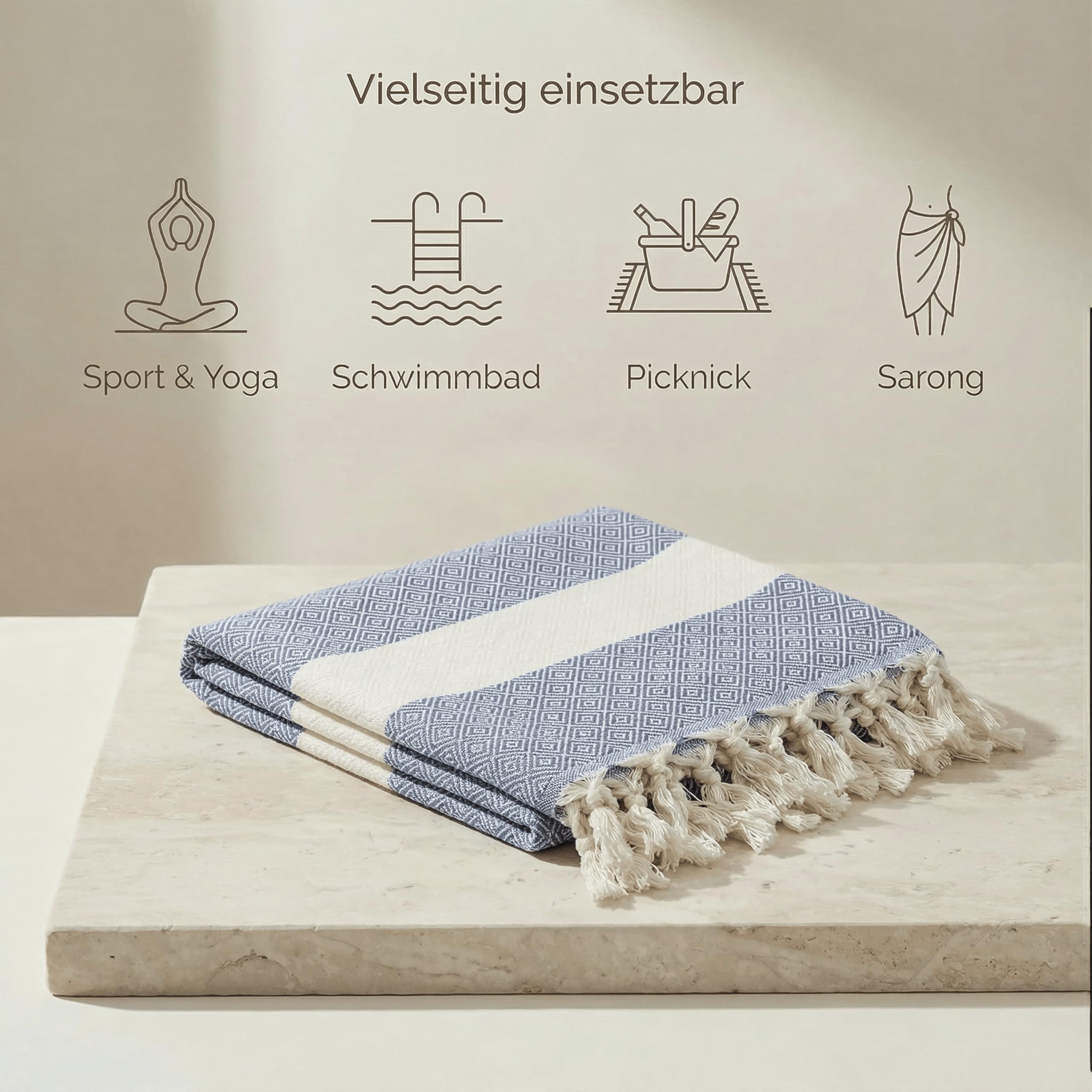 2X Hamamtuch 180x100 cm aus 100% Baumwolle – Saunatuch/Saunahandtuch & Strandtuch – Leicht, saugstark & schnelltrocknend – Peshtemal (Jeansblau und Fliederlila)