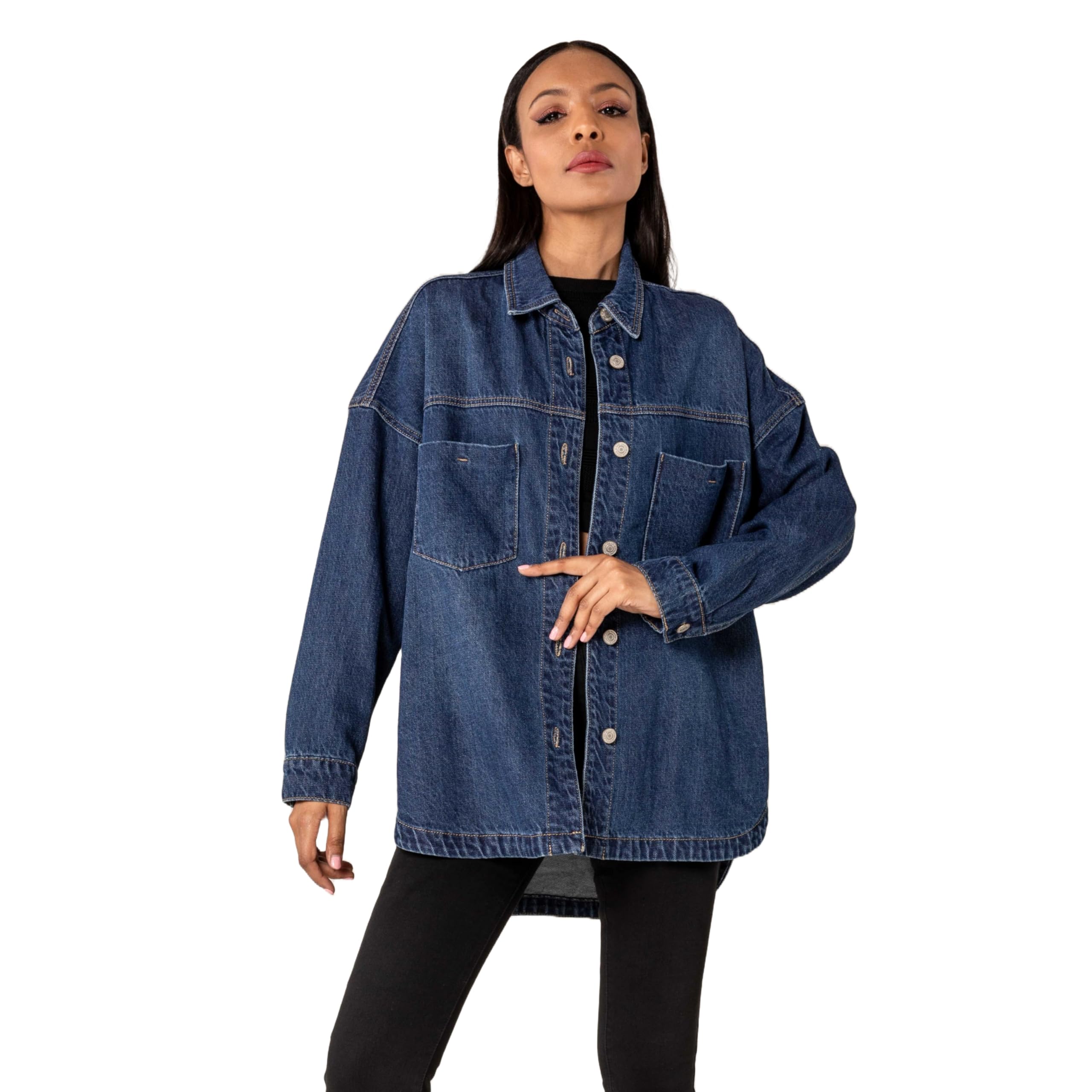 Nina Carter S539 Camisa vaquera de gran tamaño para mujer, chaqueta vaquera ligera, chaqueta de entretiempo, chaqueta de camisa con efecto de lavado, aspecto desgastado, informal