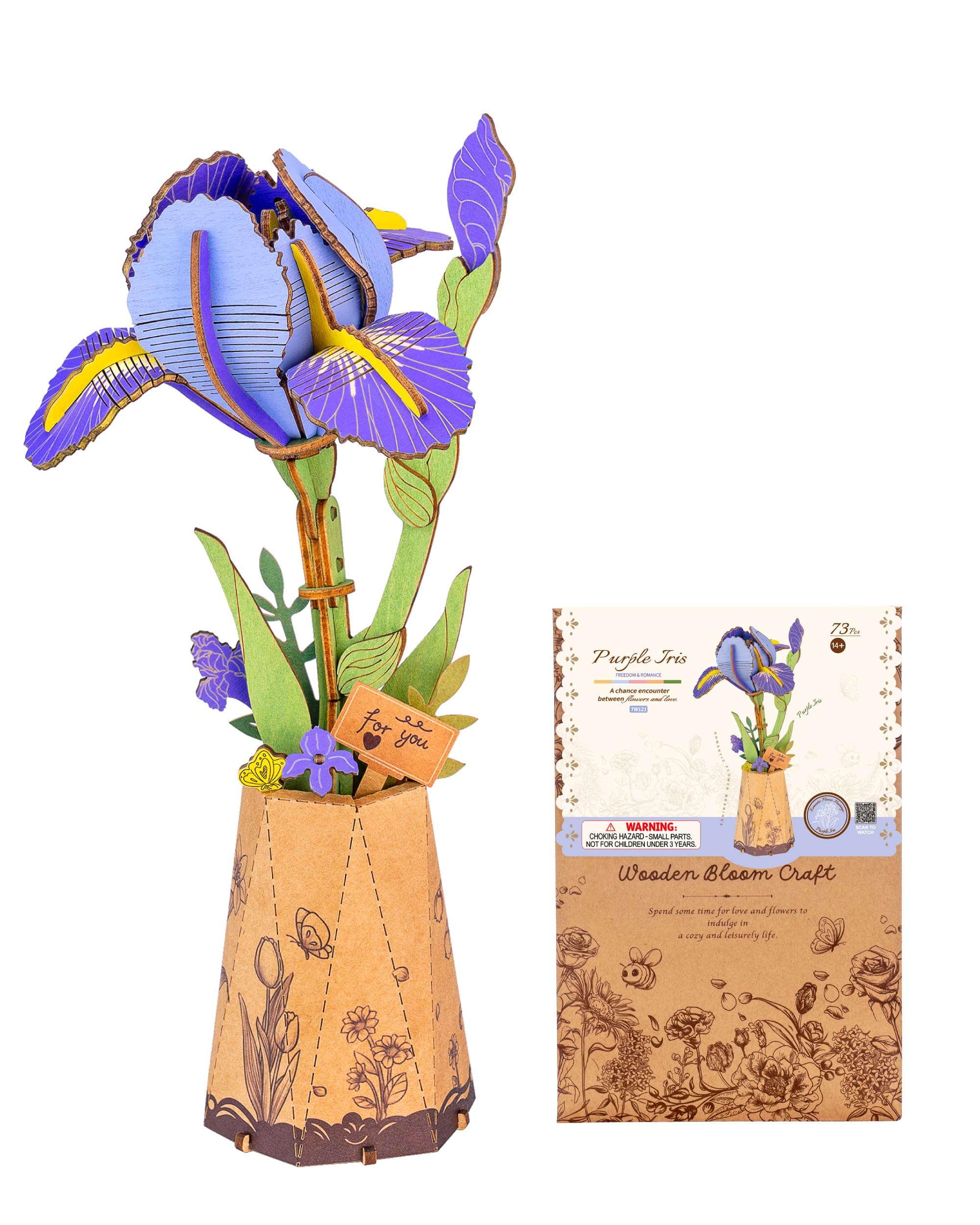ROBOTIME 3D Wooden Purple Iris Flowers, DIY Craft Model Kit, Artificial Bloom Jigsaw Puzzle for Adults, Valentine's Day Gifts
