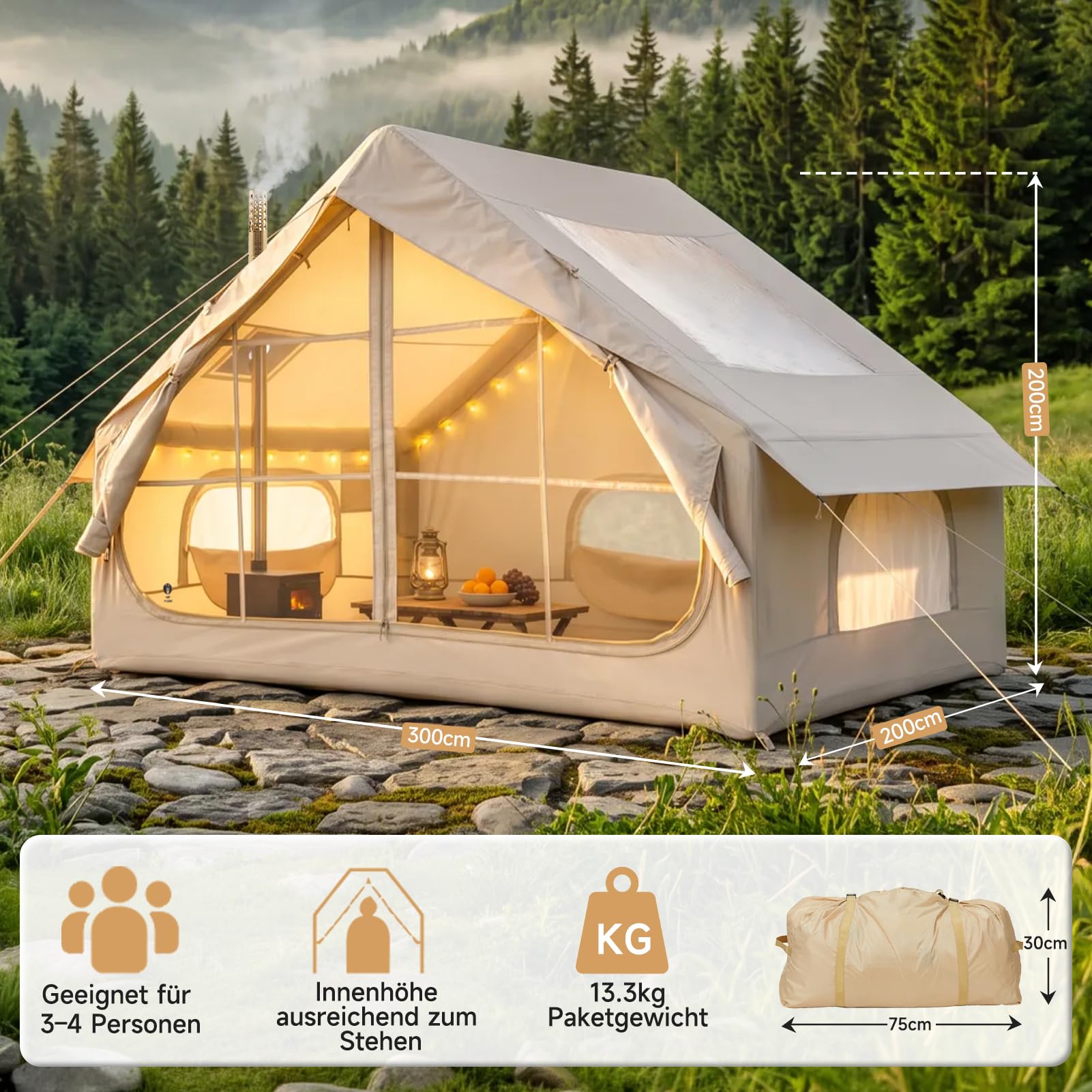 Tente gonflable avec auvent (4 à 8 personnes, beige) | Tente familiale en Oxford 210D, PU 3000 mm imperméable, UPF 30+, tente glamping 300 x 240 cm, pour camping en plein air