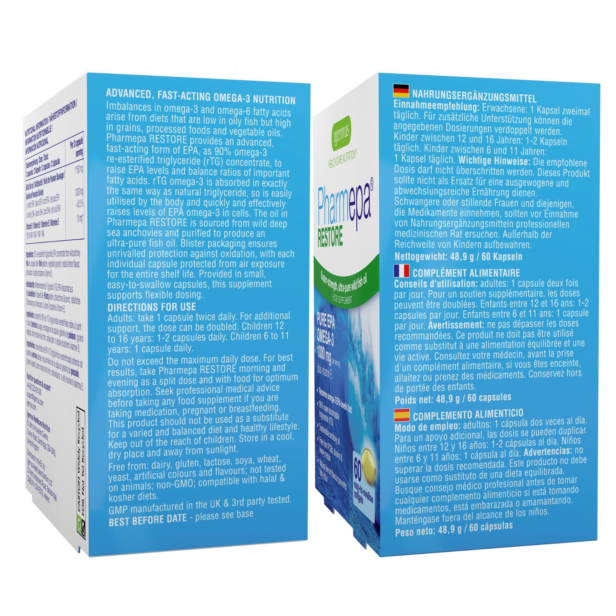 Pharmepa RESTORE Oméga 3 EPA 1000 mg, Concentré à 90%, forme rTG, Huile de Poisson Sauvage Ultra Pure, 60 capsules, Certifié IFOS, Goût Naturel de Citron - par Igennus