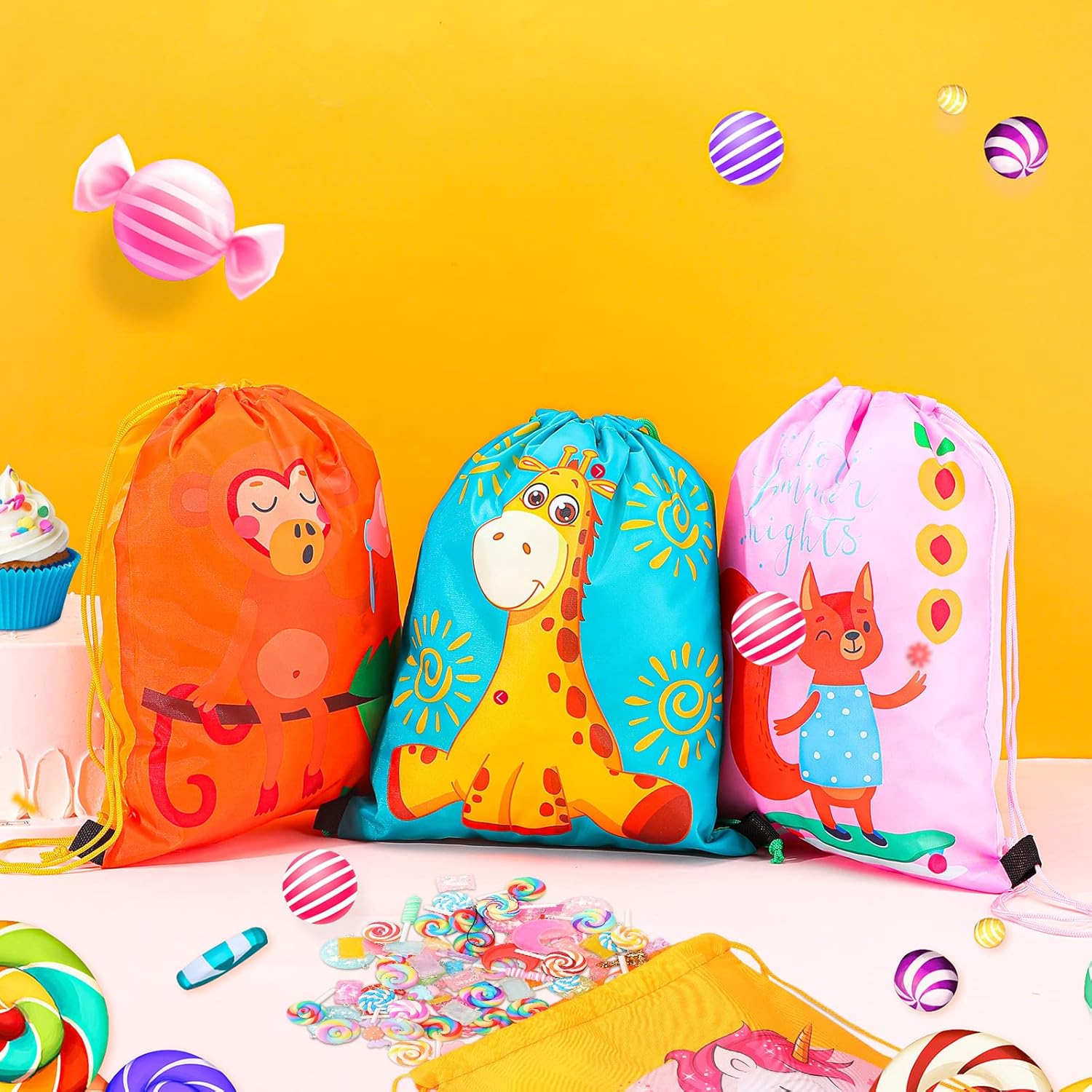 Shappy 32 Pack Animal Drawstring Bags for Kids Supplies Cartoon Animal Party Favor Backpack String Bags for Boys Girls Candy Treat Gift Baby Shower Birthday Decoration Return