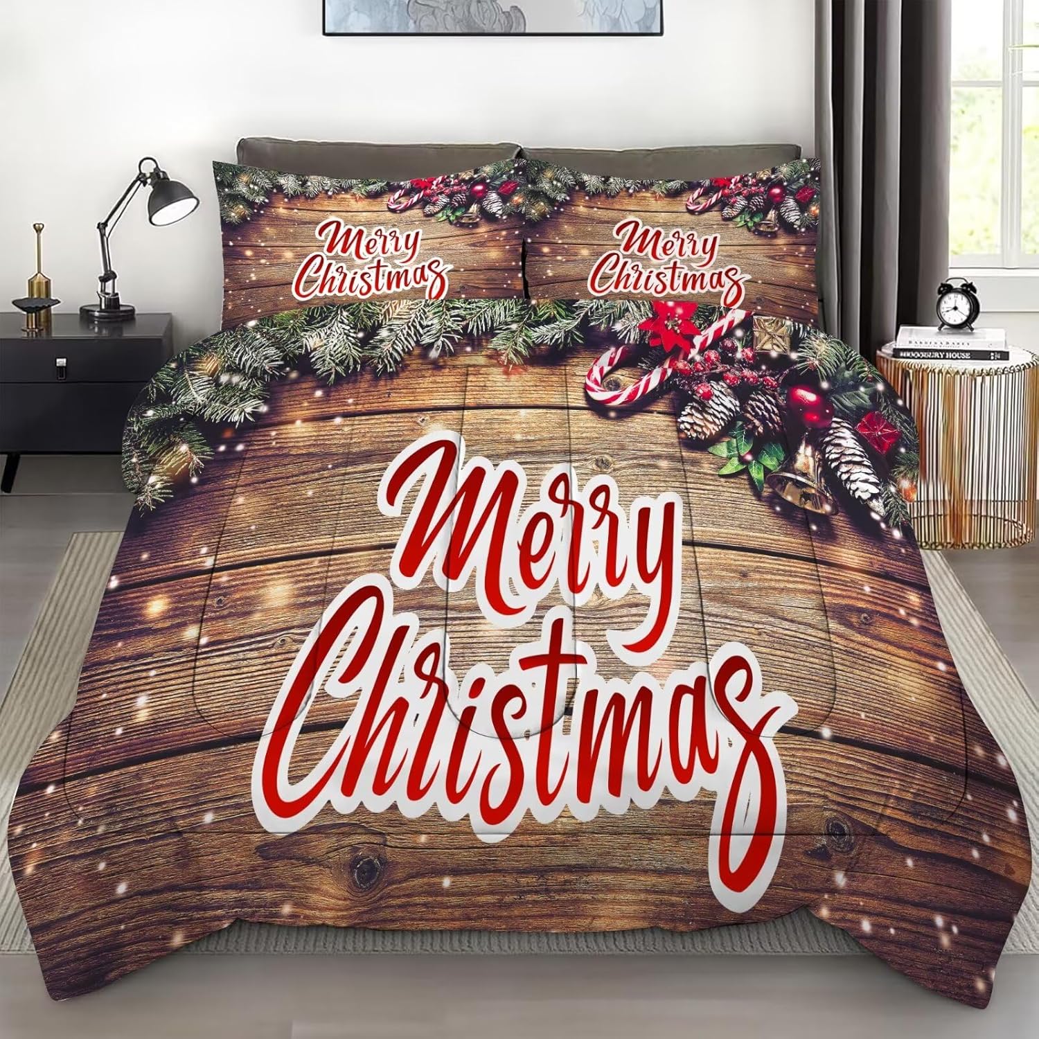 Christmas Comforter Set Queen: Christmas Wood Grain Bedding Sets Festival Gift Xmas for Girls Women Teens Bedroom Quilt Set 1 Comforter & 2 Pillowcases