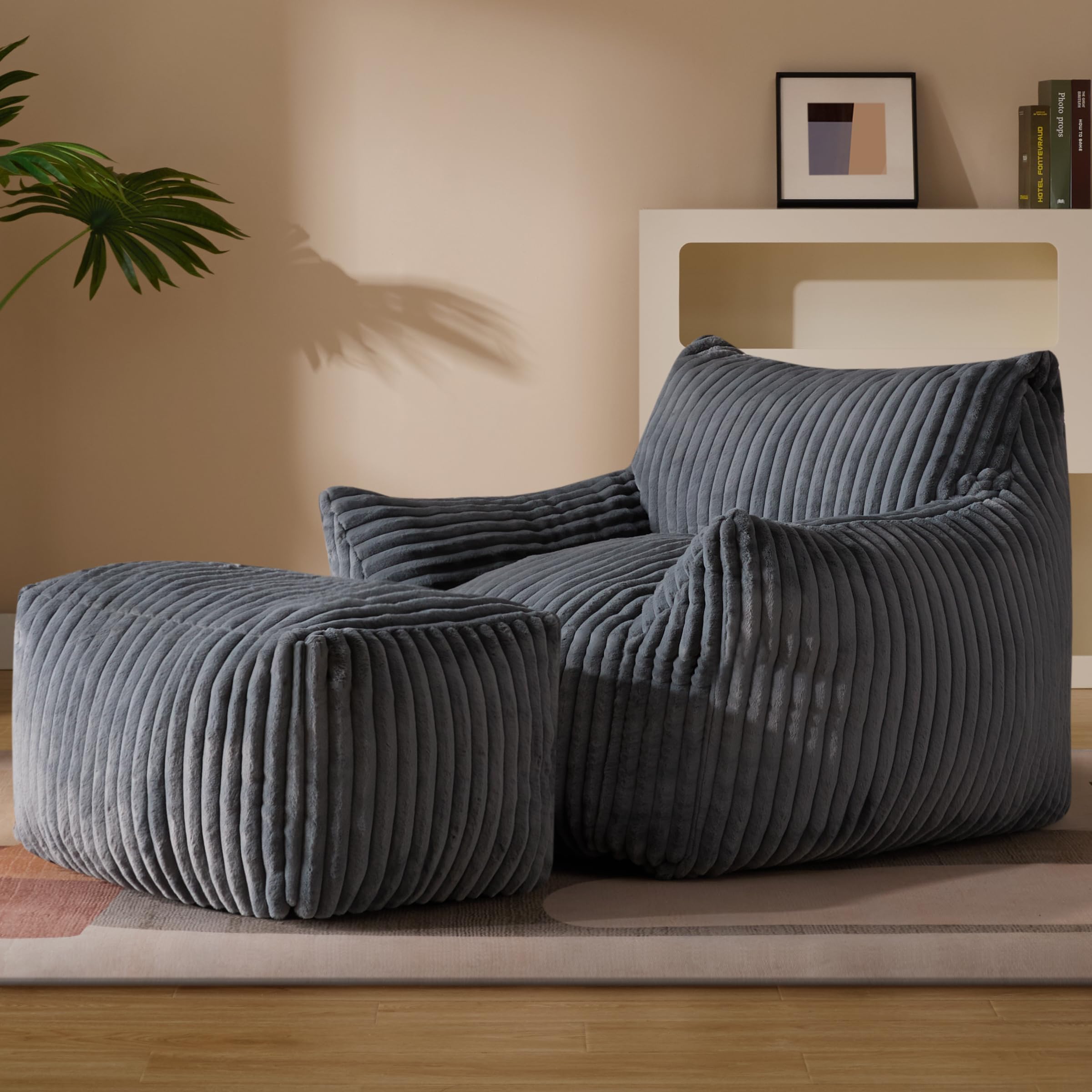 Busaurus / Gericco (FENFIR INC) Gericco Oversized Bean Bag Chaise Lounge Chair Indoor for Adults with Armrests & Ottoman - Giant Comfy Gray Beanbag Floor Sofa Cloud Accent Chair for Reading, Gaming, Cozy Plush Cloud Mini Couch