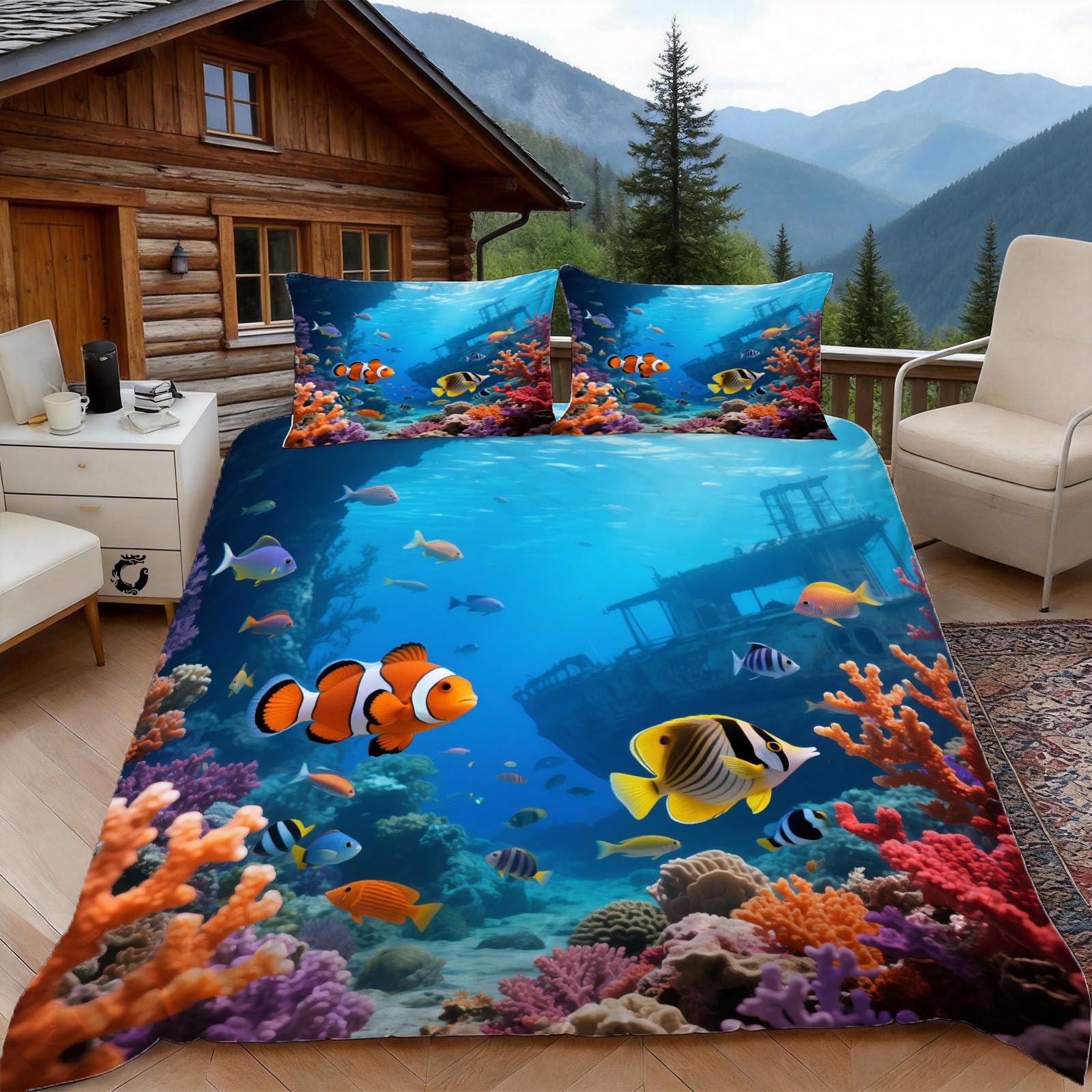 Housse de couette 240x260 récif corallien en microfibre pour lit 2 personnes