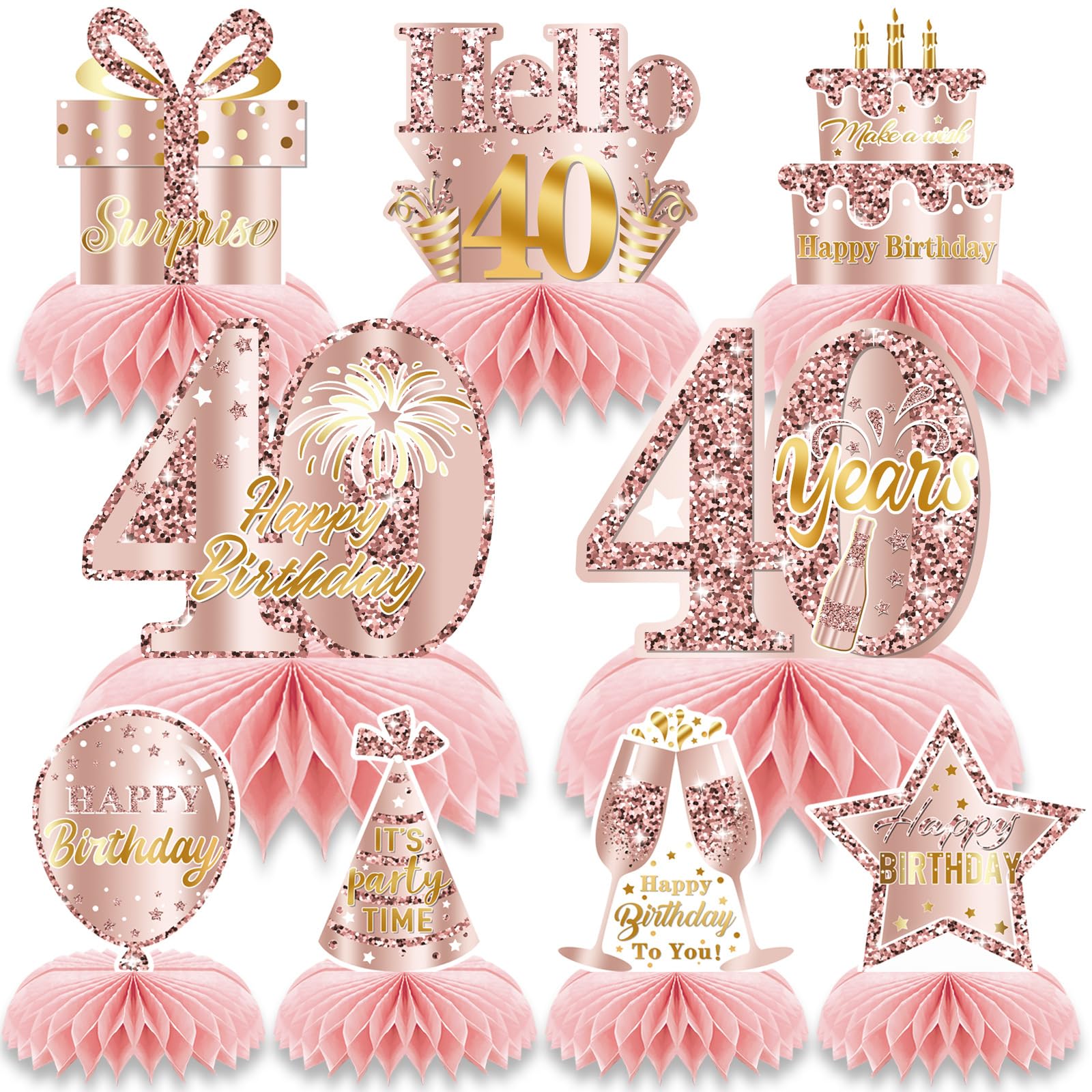 40th Birthday Honeycomb Decorations 9 Pcs Rose Gold Centerpieces Pink Table Decorations for 40th Birthday Party Happy Birthday Table Centerpieces Party Supplies for Women Girls (40th)