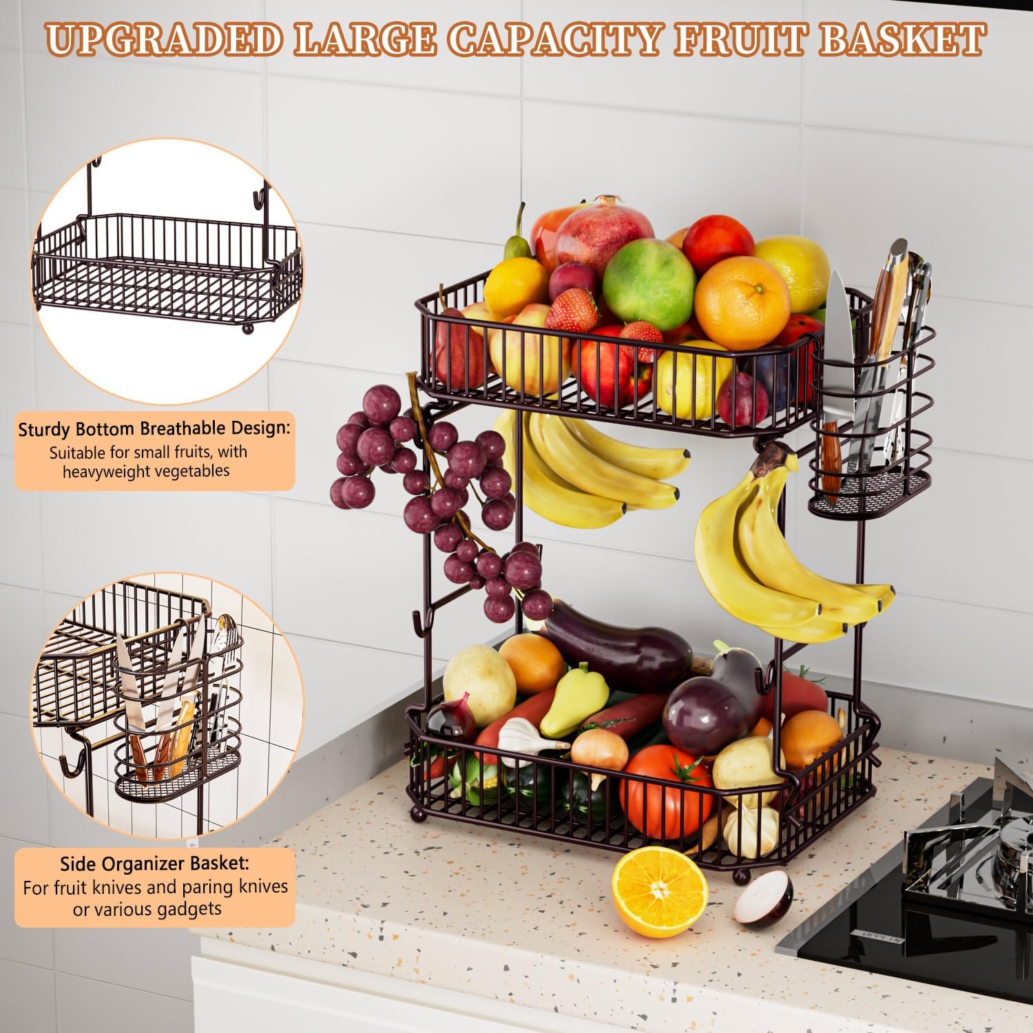 Freezer Organizer Bins，Upgraded Bottom Leak-Proof net，4 Pack and Heavy 2 Tier Fruit Basket for Kitchen Counter，with Side Storage Basket