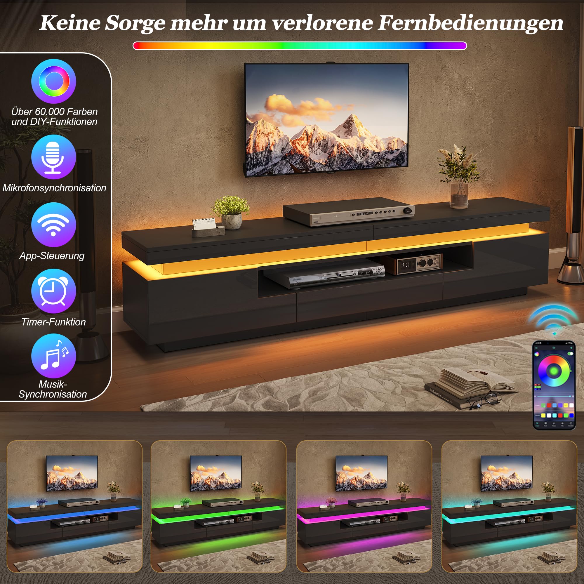 TV Schrank Lowboard mit LED 175 cm (Schwarz)