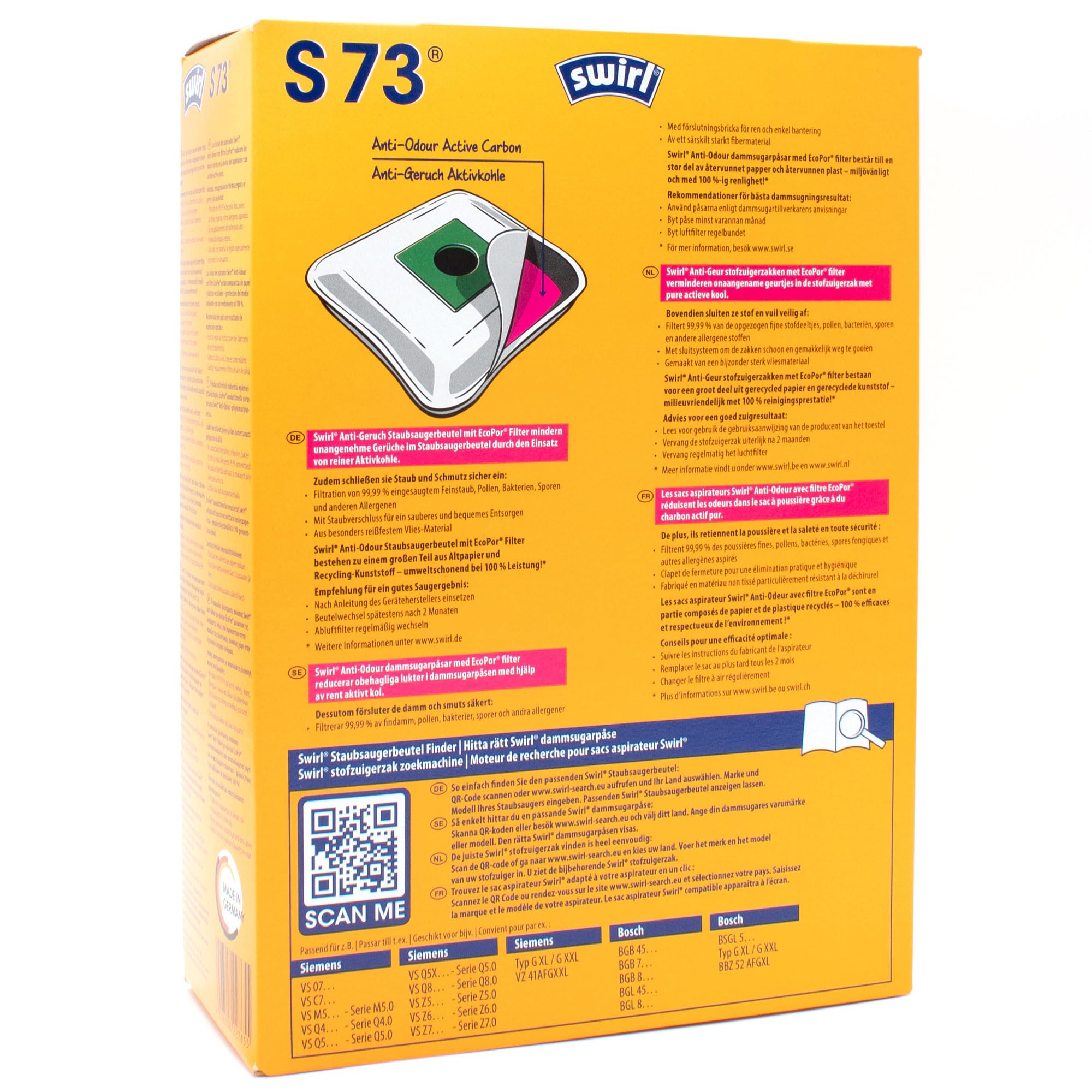 PakTrade 8 Sacs D'aspirateur + Billes Déodorantes Compatible avec Bosch BGL 7... Serie, BGL 75AC342 | Compatible avec Swirl S73 - S 73 Anti Odour | 8 Sacs, Désodorisant, Accessoires, Pièces Détachées