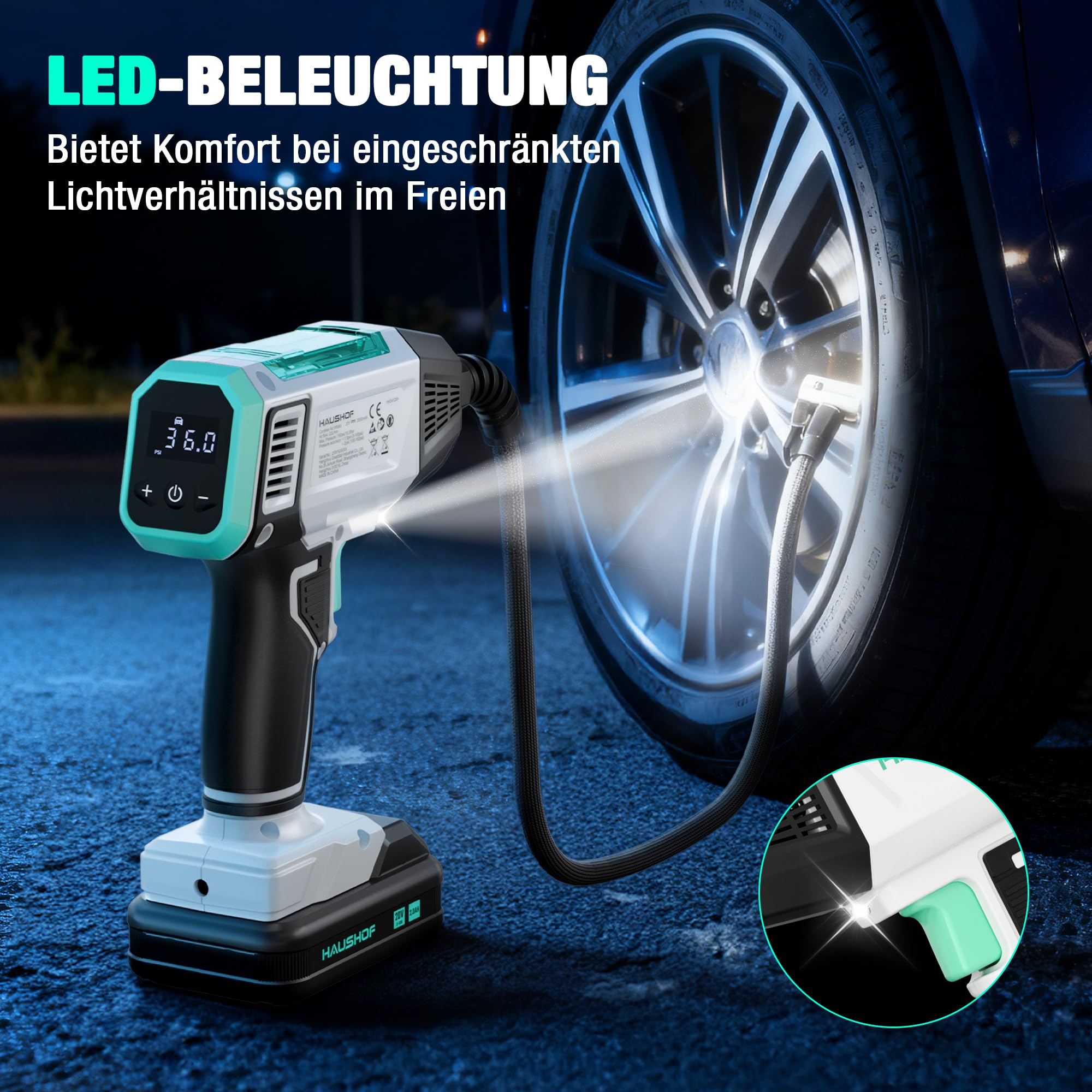 HAUSHOF Akku Luftkompressor 150 PSI (10,3 bar), Tragbare Luftpumpe mit 4 Modi + Manueller Modus, 20V 2000mAh Kabelloser Kompressor, Digitales Display, Auto-Abschaltung für Reifen, Motorrad, Fahrrad