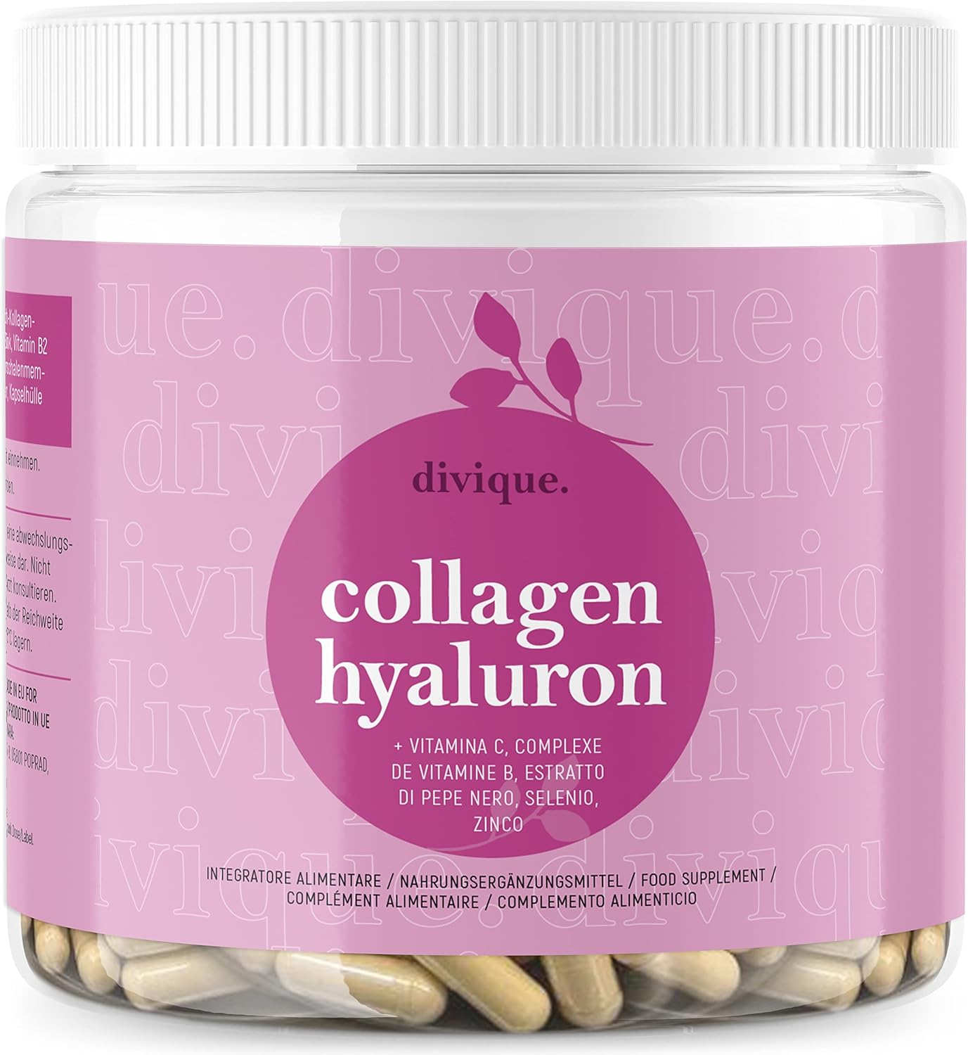 Divique collagene e acido ialuronico - 270 capsule con complesso di collagene marino e bovino di tipo 1, 2, 3, 5, 10 - integratore con collagene, ialurone, vitamina C, biotina, selenio, zinco