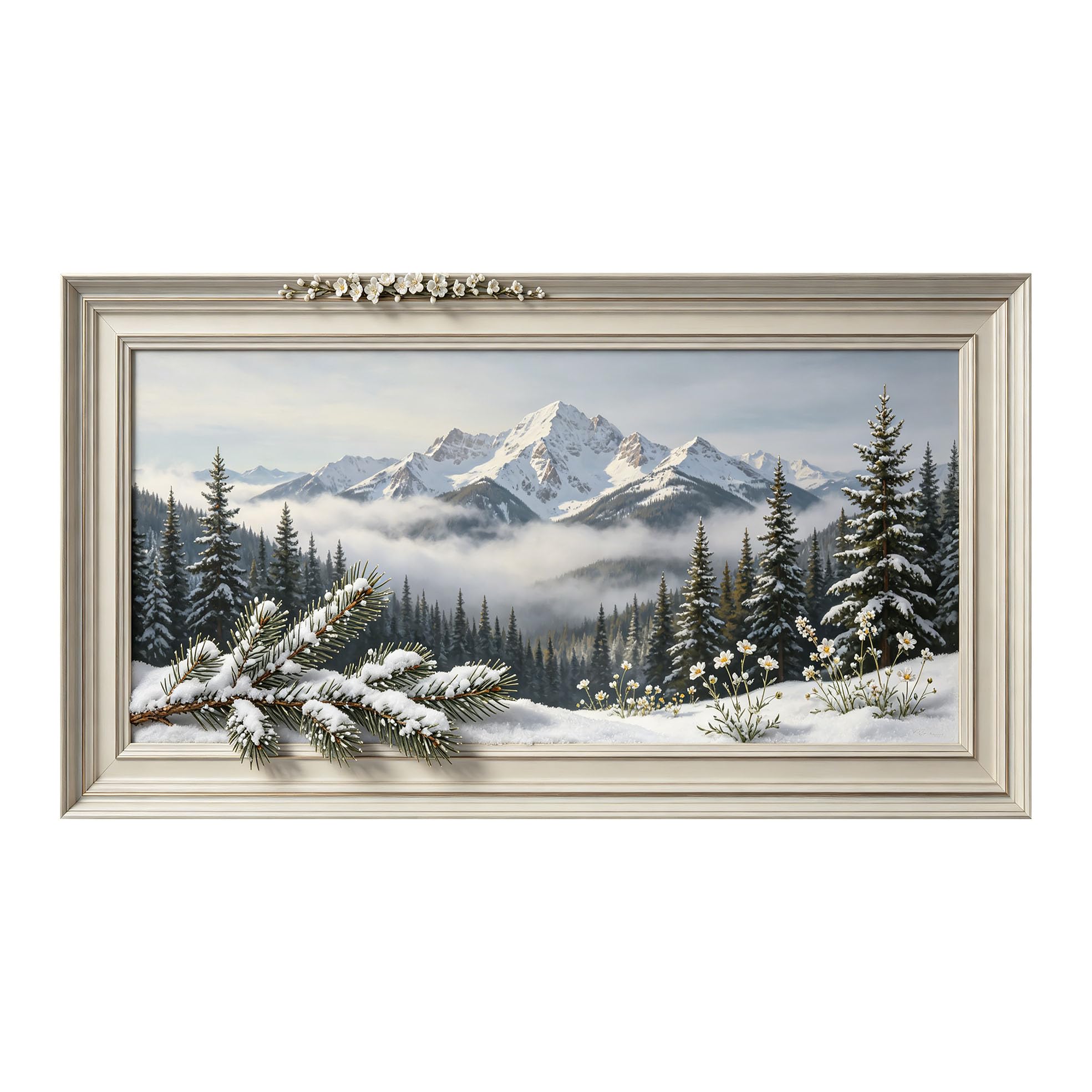 Yzpallescene 3D Framed Wall Art 50cm×100cm Snowy Mountain Alpine Forest Panoramic Oil Painting Large Size SelfAdhesive Removable Wall Decor Prints Artwork for Living Room Bedroom Office