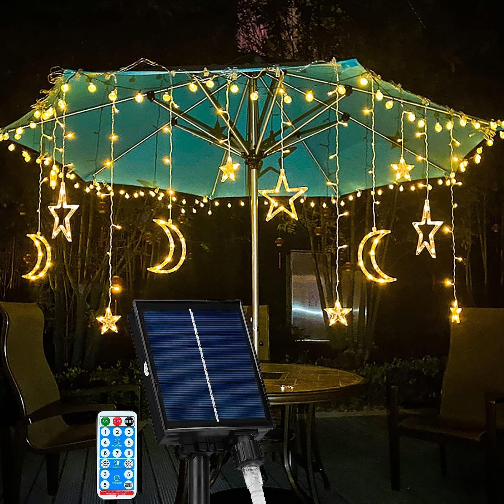 Solar Lichterketten Vorhang Aussen 138 LEDs Wasserdicht Sterne Mond LED Lichterkette mit Fernbedienung 8 Modi Lichtervorhang für Garten Pavillon Weihnachten Hochzeit Party (Warmweiß)