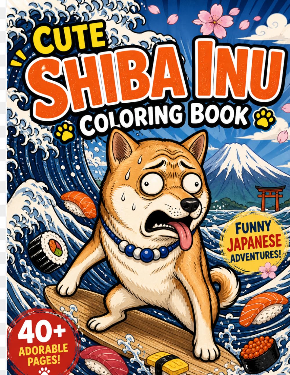 Funny Shiba Inu Coloring Book: 40+ Cute and Hilarious Japanese Adventures with Sushi, Waves, and Adorable Shiba Dogs for Stress Relief and Fun
