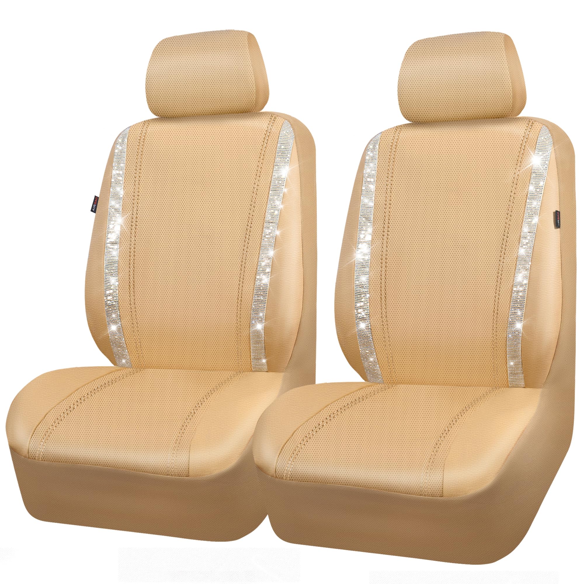 CAR PASS Leather Diamond Bling Car Seat Covers 2 Front Interior Sets, Waterproof Universal Shining Glitter Crystal Sparkle Fit for 95% Automotive Truck SUV Cute Women Girl, Beige Rhinestone