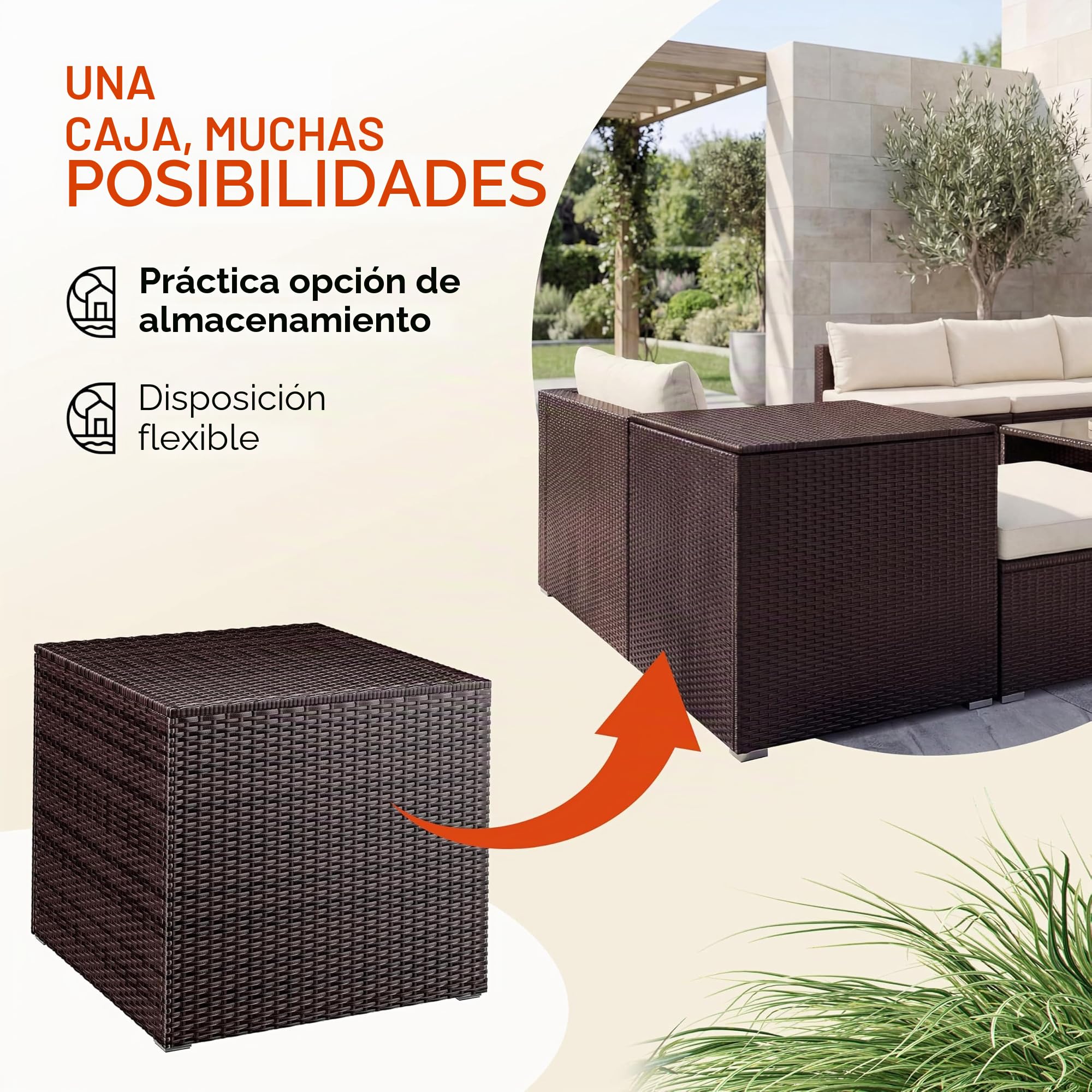CASARIA® Baúl Almacenamiento 318L XXL Poliratán Acero 75x75x70cm Almacenaje Exterior Cojines Herramientas Resistente Intemperie Patio Terraza Marrón