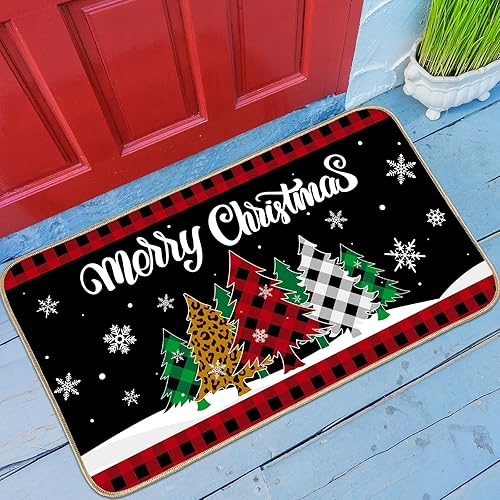 Merry Christmas Doormat Buffalo Plaid Christmas Tree Welcome Door Mat Xmas Non Slip Entrance Mat Winter Holiday Floor Mat Rug for Front Porch