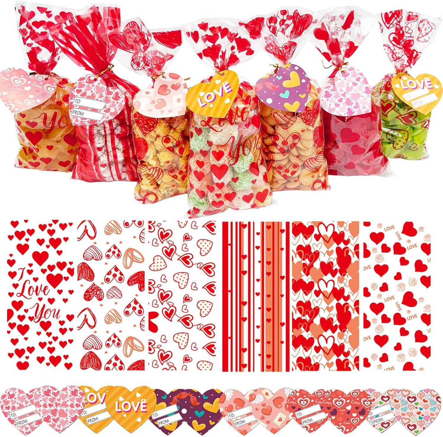 JQAQJU 150 PCS Valentine Gift Bags Valentines Cellophane Treat Bags Bulk for Kids Goodie Candy With 36 PCS Gift Tags & 200 PCS Twist Ties for Valentines Party