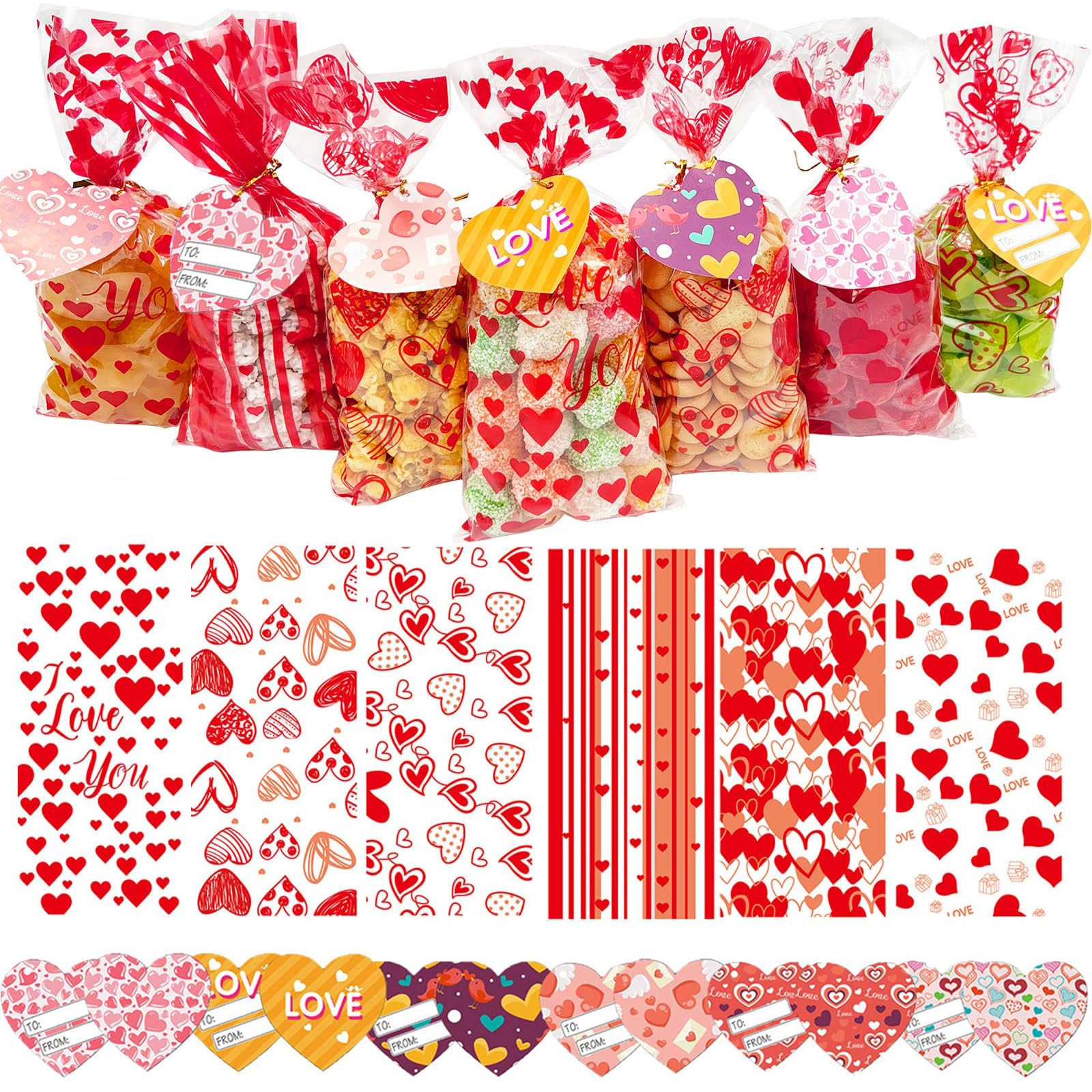 JQAQJU 150 PCS Valentine Gift Bags Valentines Cellophane Treat Bags Bulk for Holiday Goodie Candy With 36 PCS Gift Tags & 200 PCS Twist Ties for