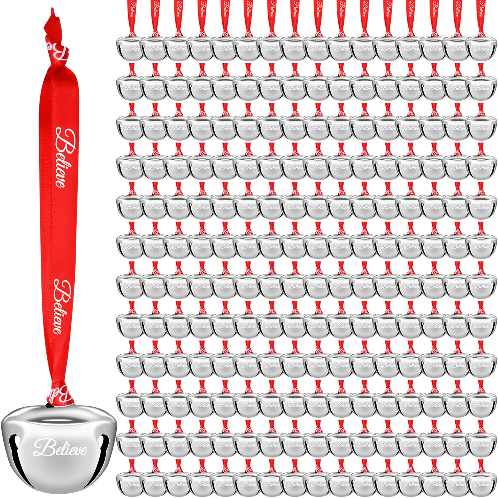 Wiyodaho 200 Pcs Christmas Believe Bell Ornaments 1.5 Inch Polar Santa Sleigh Jingle Bells with Believe Ribbon Christmas Tree Decorations for Xmas Decor (Silver Color, 200) โ image 1