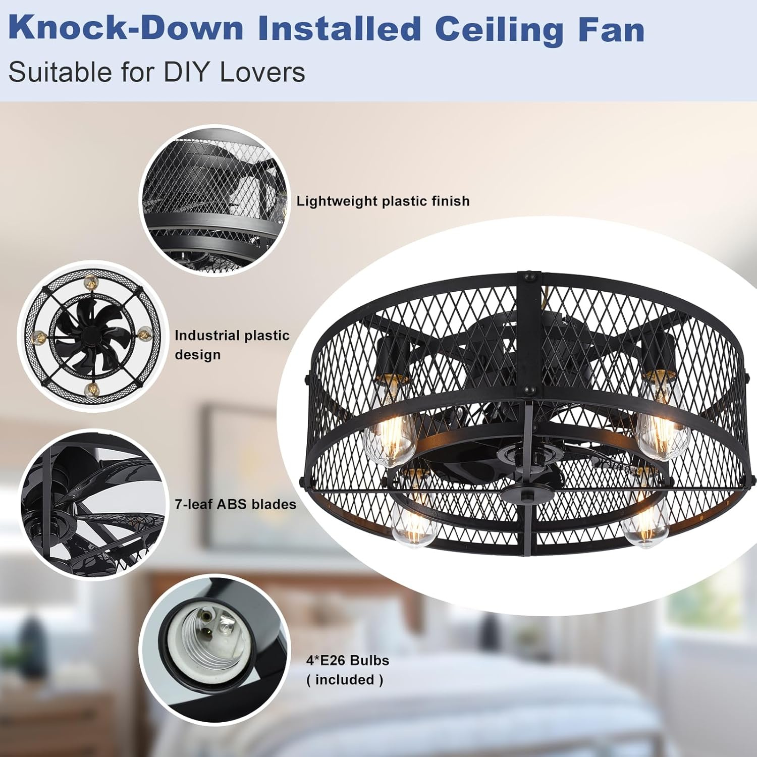 Caged Ceiling Fan with Light: 20 Inch Ceiling Fan with Remote APP Control Quiet DC Motor - Farmhouse Ceiling Fans for Rustic Kitchen Bedroom (E26 Bulbs Included)