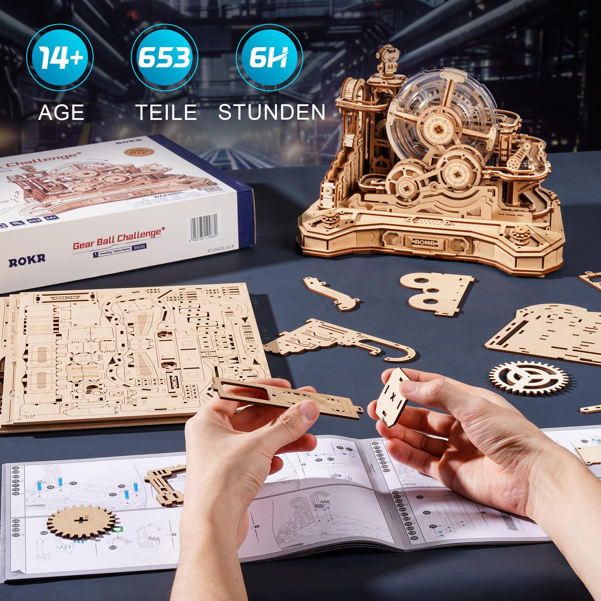 ROKR 3D Puzzle Holz Kugelbahn Modellbausatz,Gear Ball Challenge Bauspielzeug,Holzpuzzle DIY Geschenke für Männer und Kinder