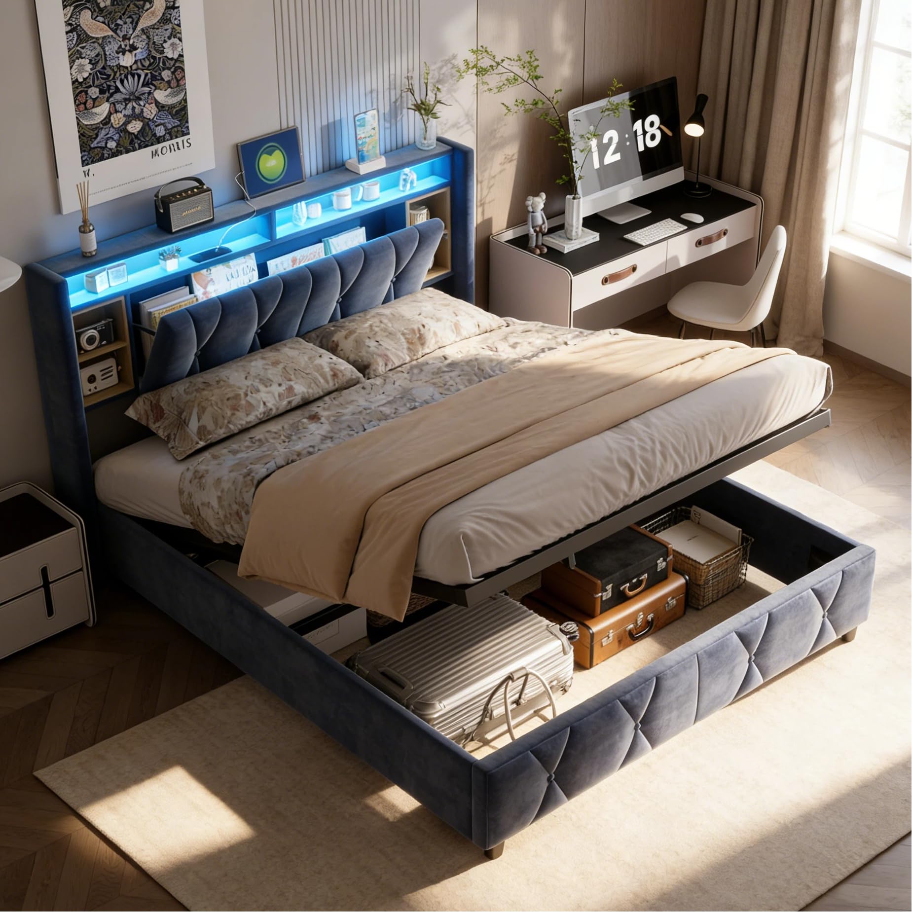 BRILVERDE Letto Imbottito 160x200 cm con Contenitore Idraulico, Letto Matrimoniale a LED con USB, Funzionale con testiera, Struttura Letto con Rete a doghe, Velluto (Grigio, 160 x 200 cm)