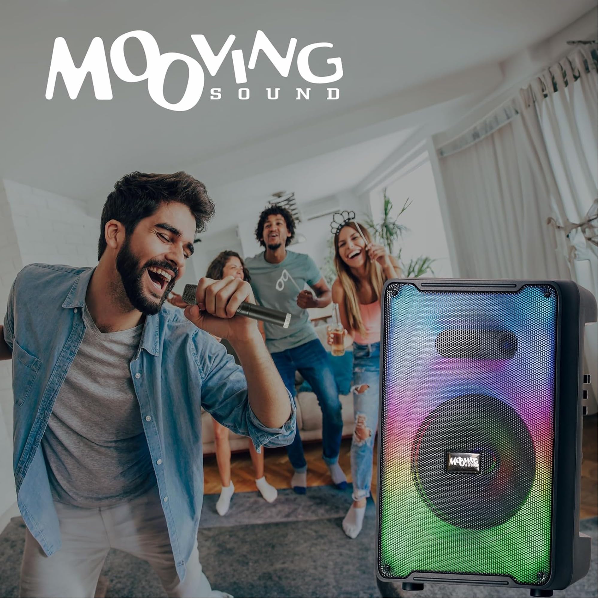 MOOVING LIGHT & SOUND MS-KARA-MOOV500 - Pack de altavoz infantil Karaoke luminoso con Bluetooth, 500 W, 2 micrófonos, altavoz megáfono de 20 W, fiesta de cumpleaños