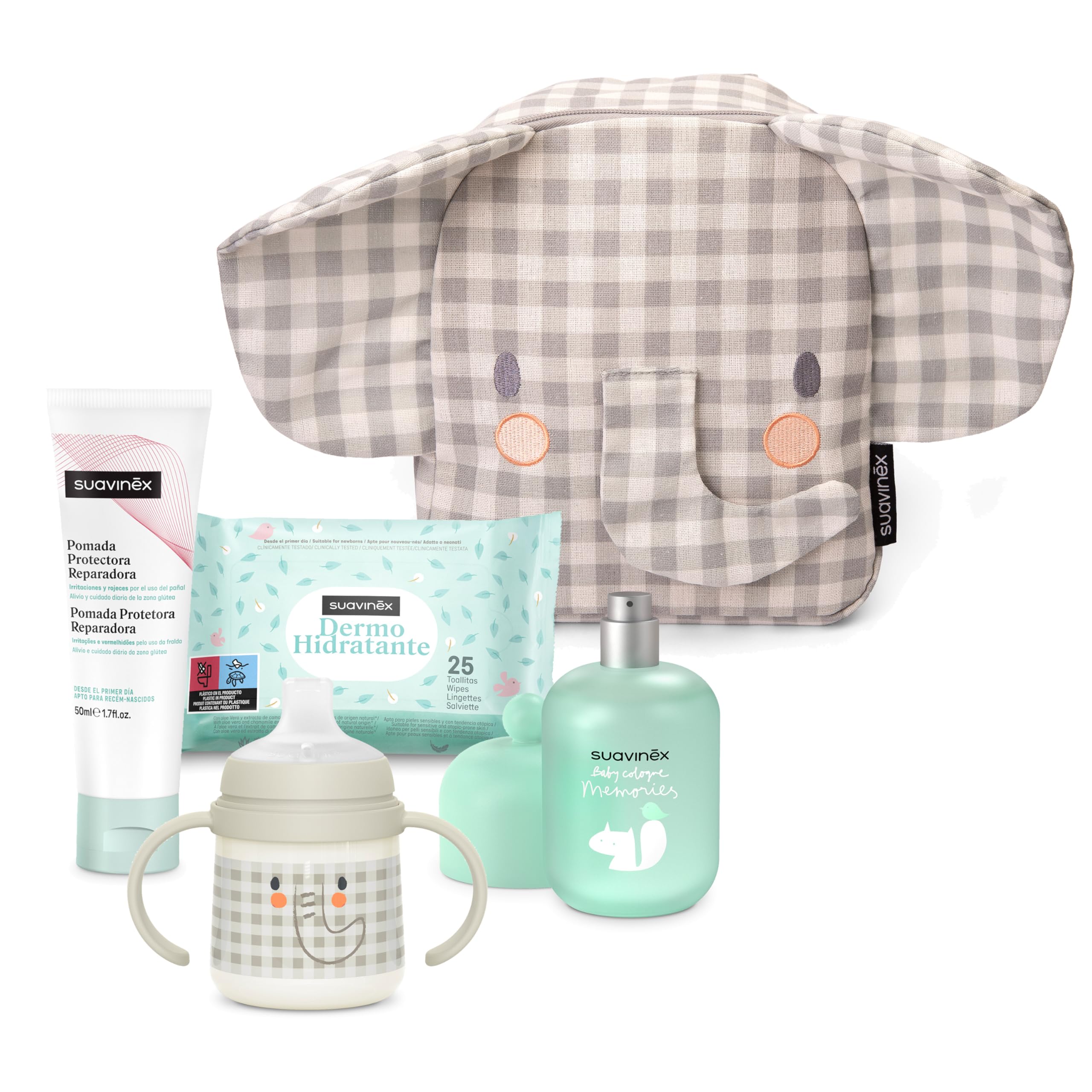 Suavinex, Plecak do przedszkola dla niemowląt, kosz - prezent dla dziecka z: Baby Cologne Memories 100 ml + Cream Pielucha 75 ml + opakowanie 25 chusteczek nawilżających + kubek do nauki, szary słoń