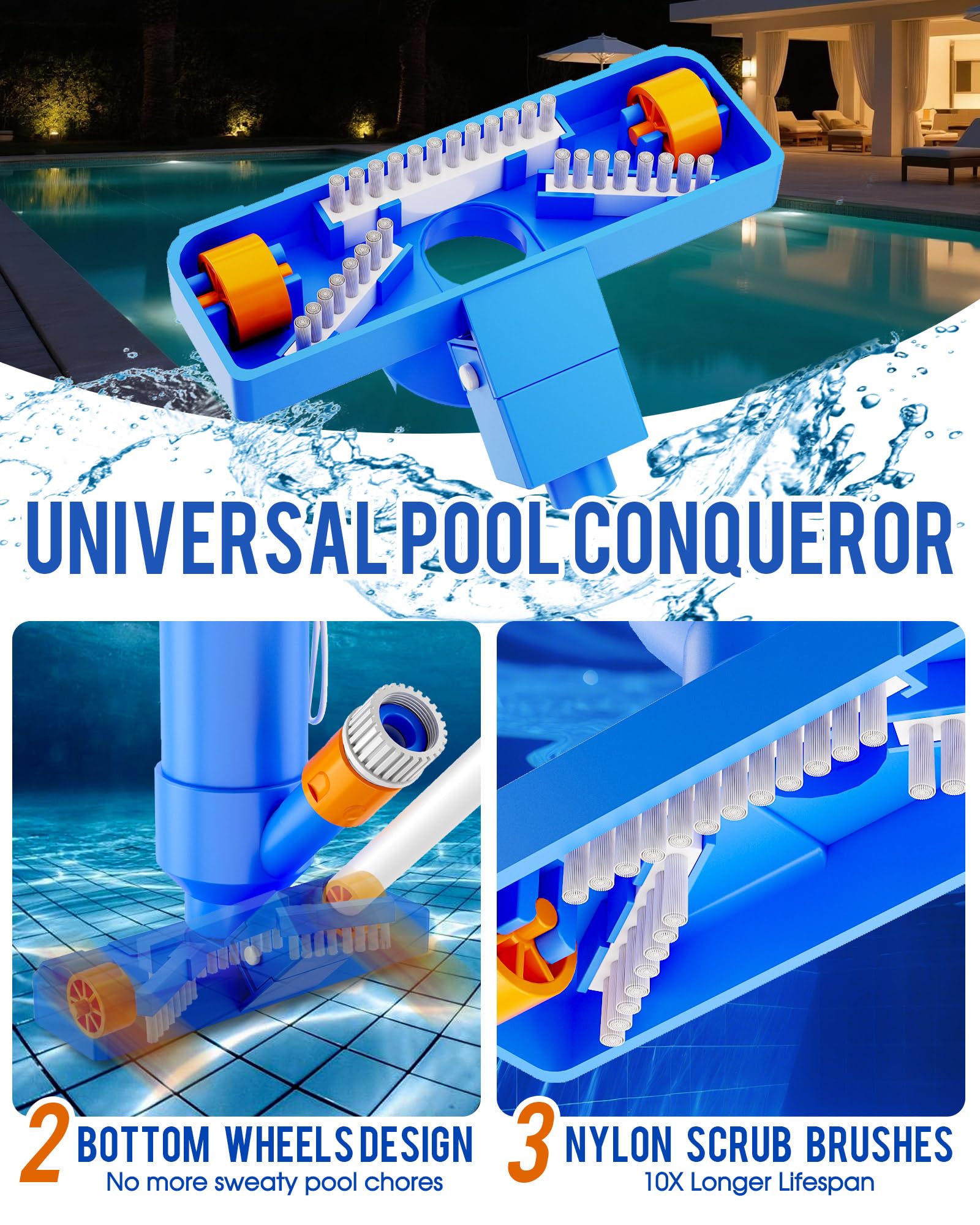 Condition photo showing New/Like New for Pool Vacuum Cleaner for Above Ground Pool, 52" Telescopic Pole Jet Underwater Cleaner with 3 Scrub Brushes and Nylon Mesh Net, Portable for Spa Fountain Pond Hot Tub Lake, Attaches to Garden Hose