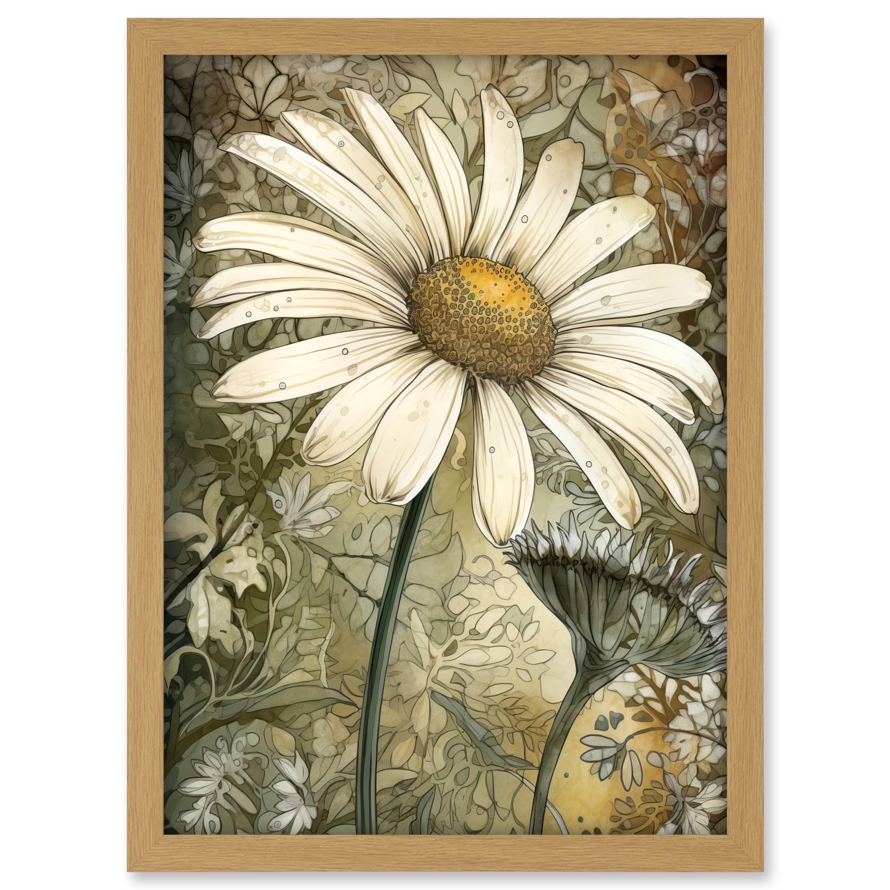 Artery8 Pastel Watercolour Daisy Flower Bloom Illustration Artwork Framed A3 Wall Art Print