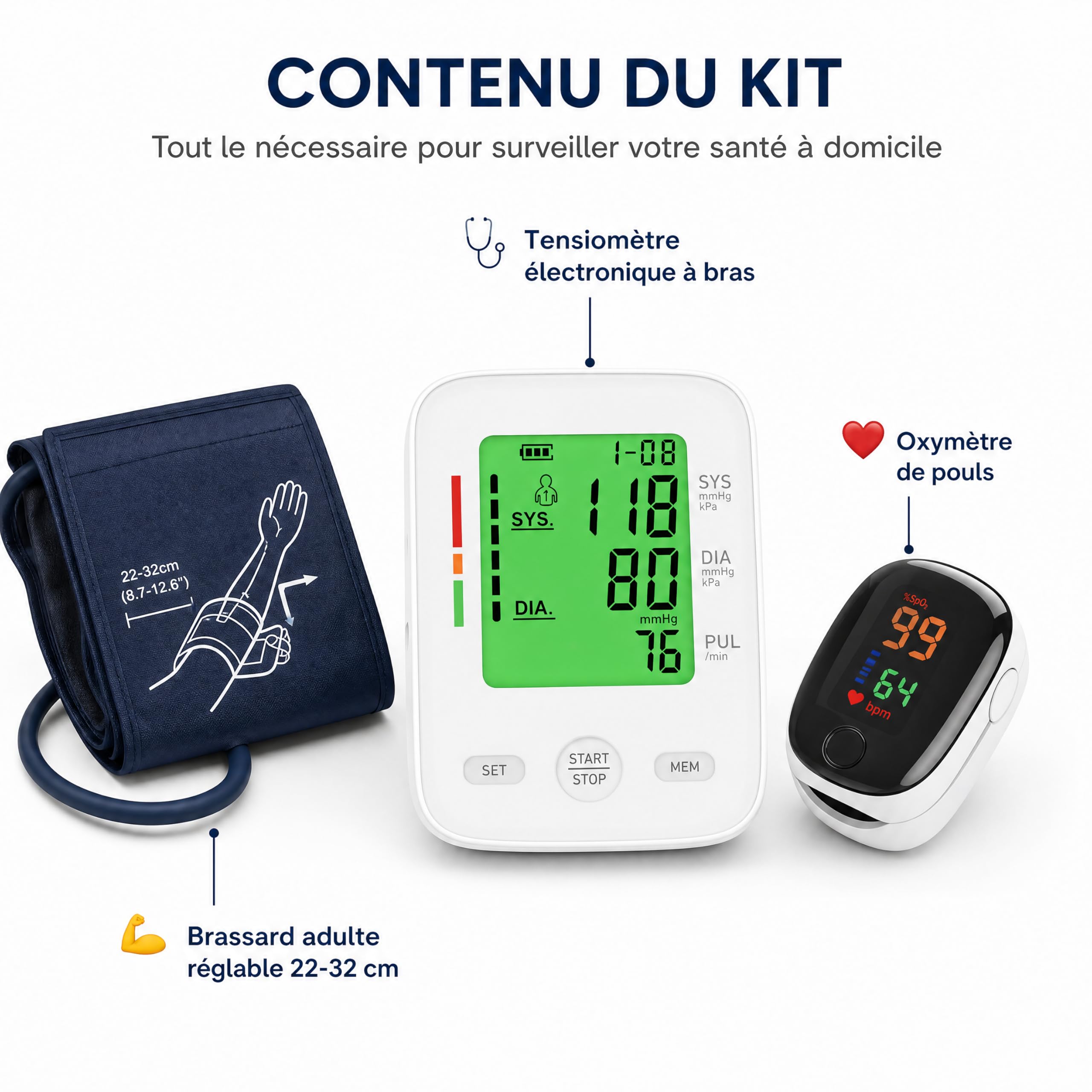 Kit Santé 2 en 1 Tensiomètre Bras + Oxymètre – Mesure Complète Tension, Pouls & SpO2 – Écran XXL Lisible, Utilisation Facile, Idéal Maison & Famille | Mesure Tension, Pouls & SpO2, Écran XXL Lisible, Utilisation Facile, Idéal Maison & Famille
