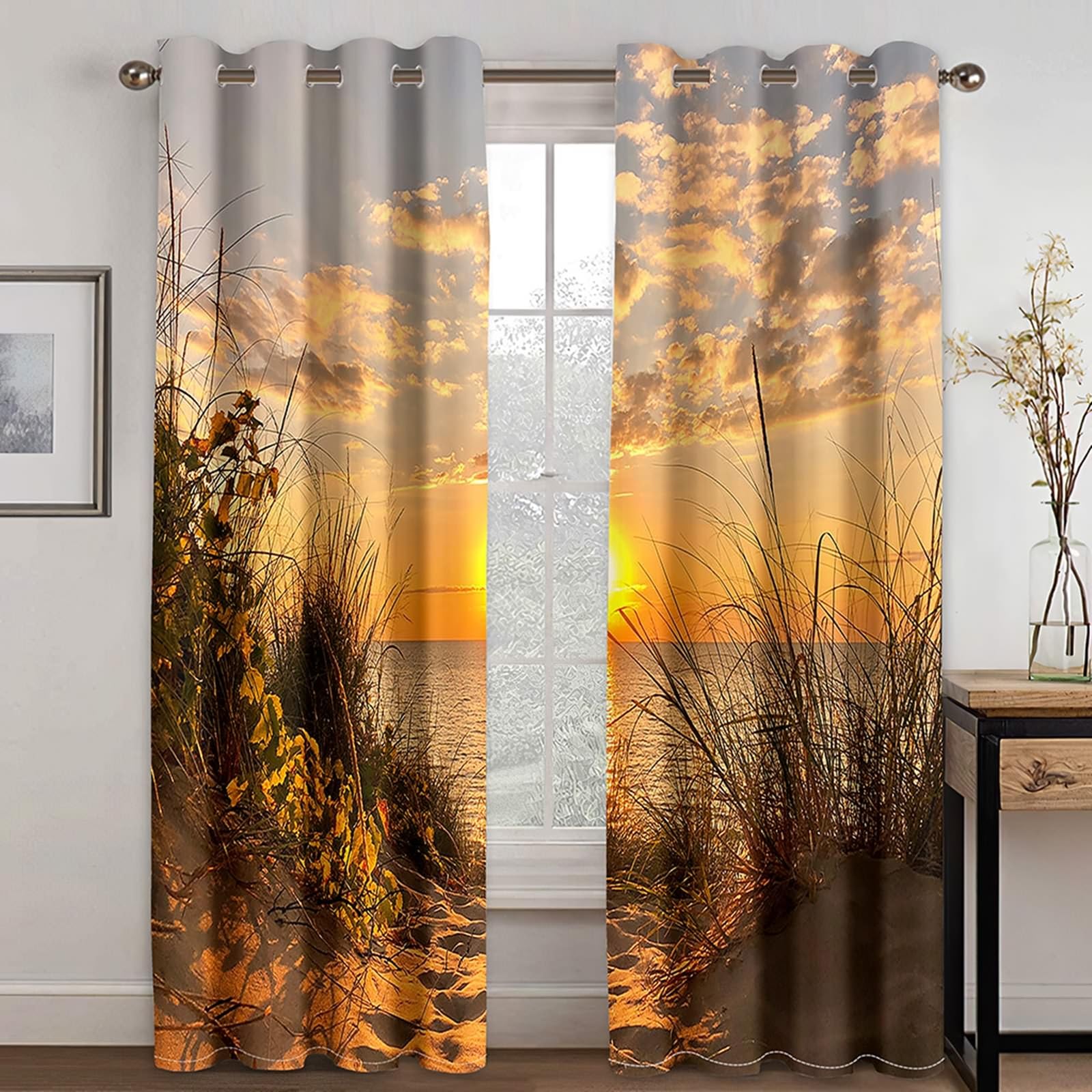 Zasłony do sypialni, zasłony z zachodem słońca nad morzem i plażą, wys. 214 x szer. 152 cm, nieprzejrzyste zasłony zaciemniające z oczkami, zestaw 2 sztuk