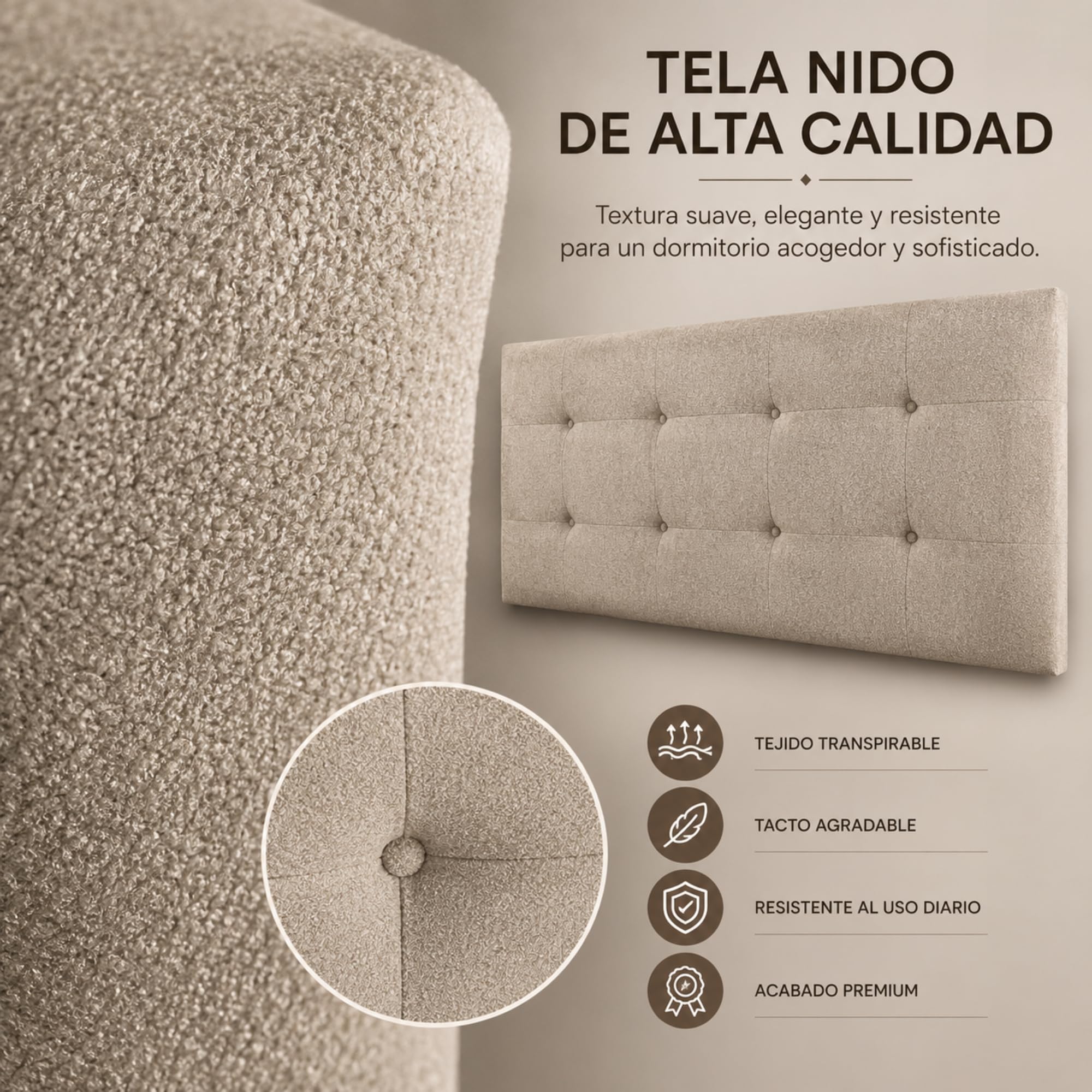 FISIO Dreams Cabecero Tapizado Tela Nido Diamante para Cama 90, 105, 135, 150, 160, 180 y 200 cm | Cabezal Acolchado Moderno | Tela Acualine Repelente al Agua
