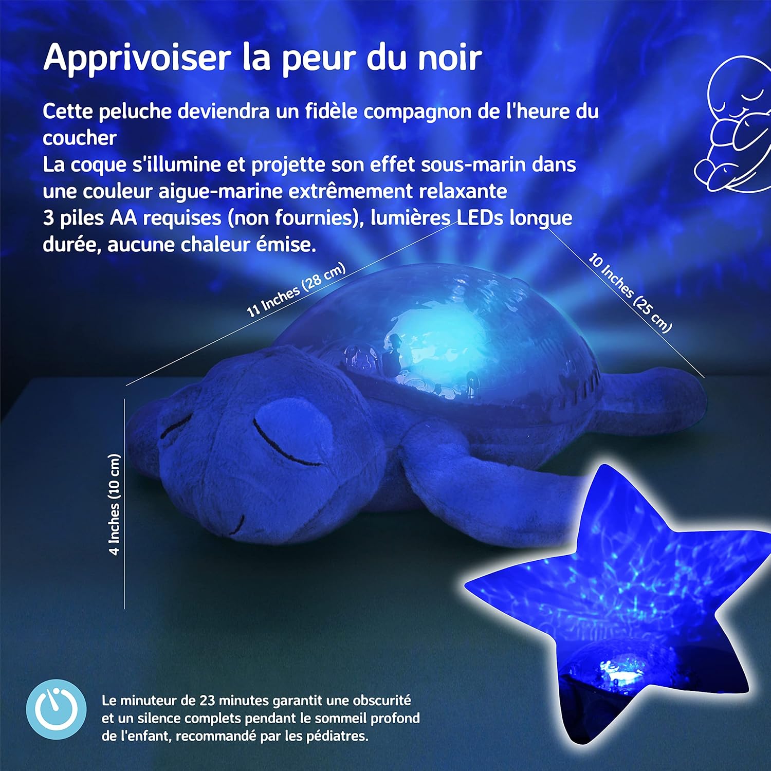 Underside of a blue Cloud b Tranquil Turtle showing the battery compartment and product dimensions.