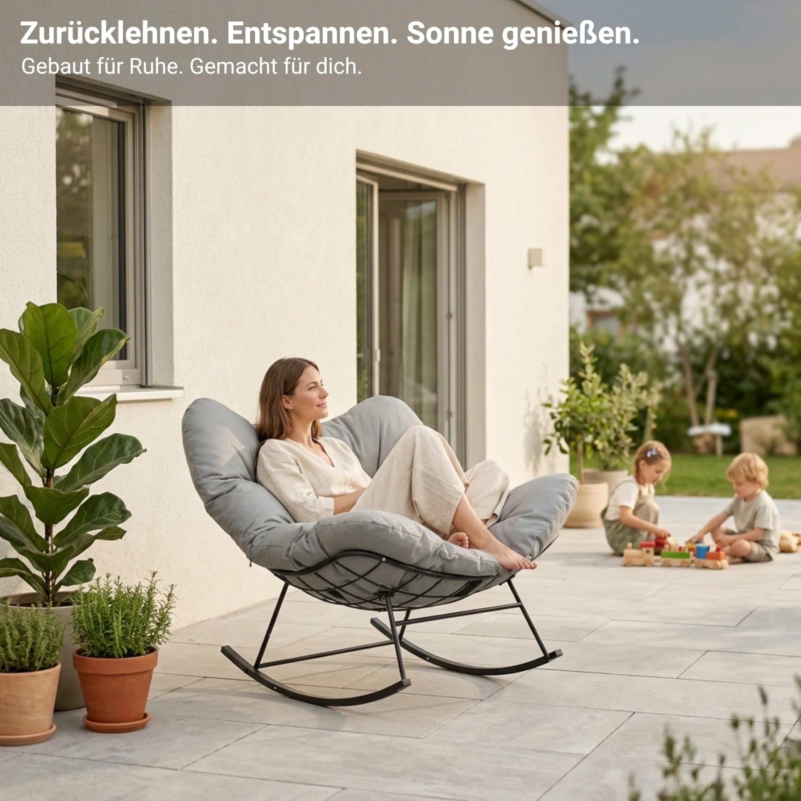 novaterra® Moderner Schaukelstuhl mit großem Komfort Kissen – ergonomischer Relax Schaukelstuhl hochwertig, gepolstert & ideal für den Garten, Lesen & Entspannen