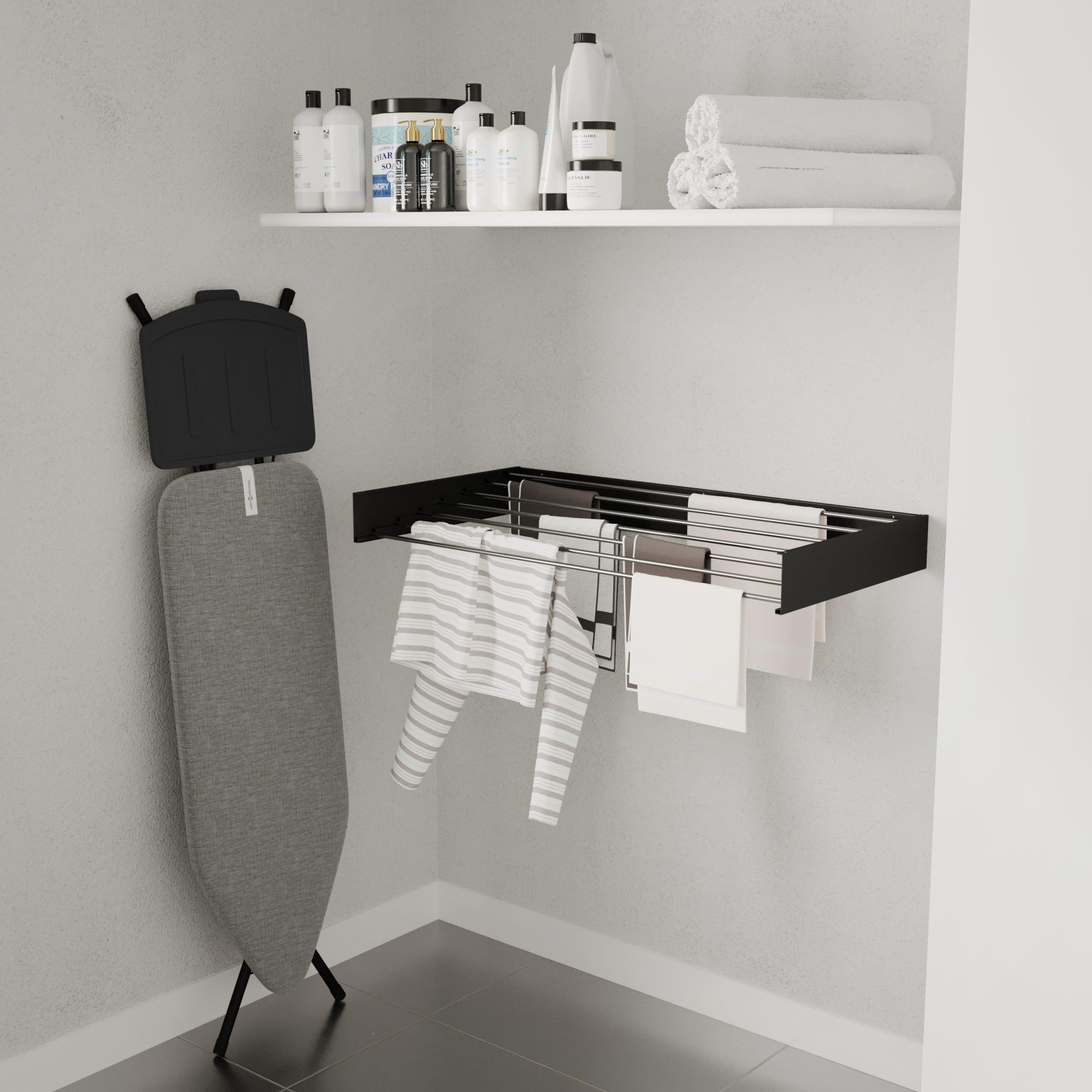 Wäscheständer Ausziehbar - Wandmontage, 8,4m Trockenlänge, Klappbarer Wäschetrockner 120cm, Schwarz, Robust & Platzsparend, Ideal für Innen- und Außenbereich