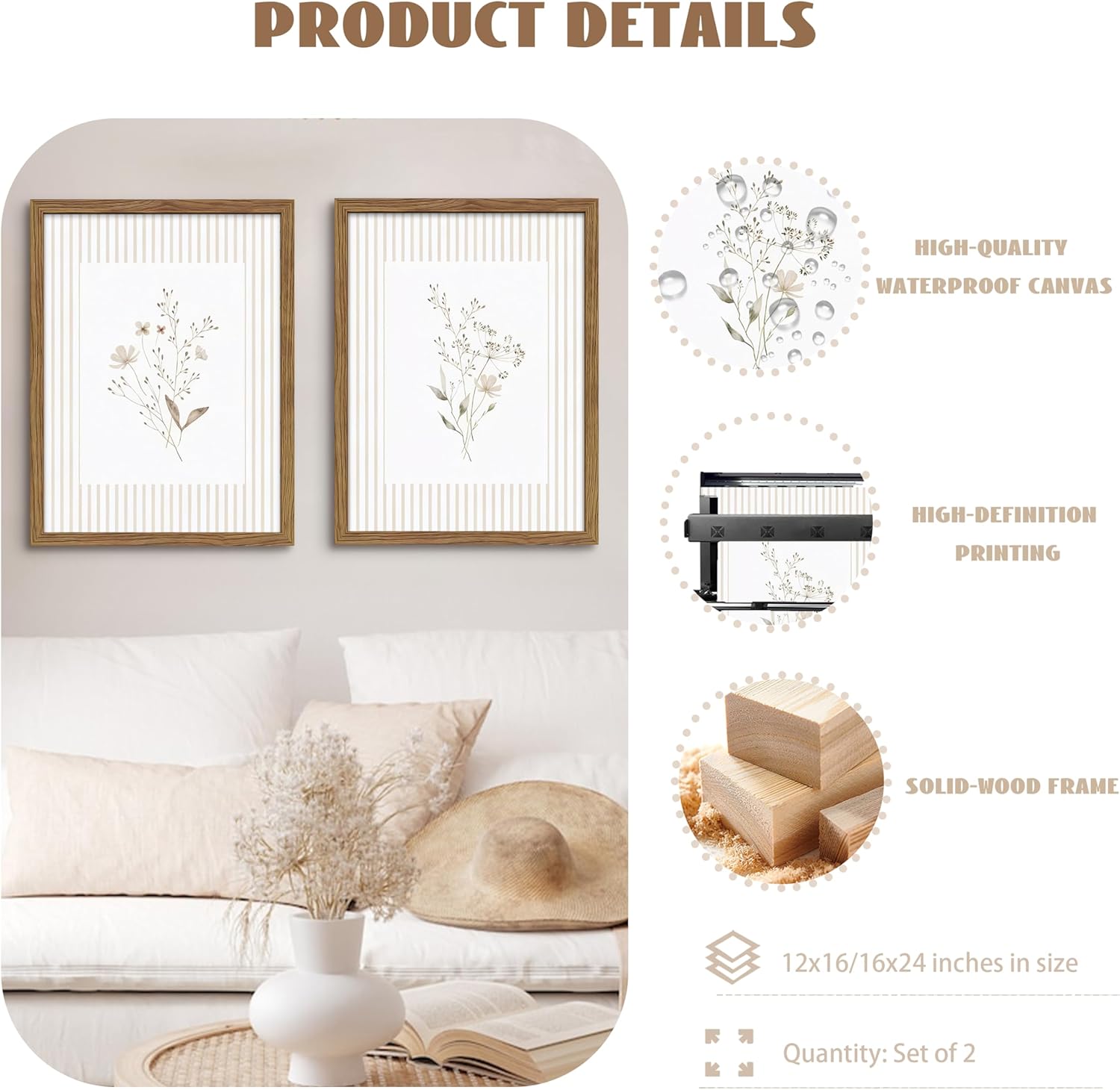 Neutral Wildflower Wall Art Set of 2, Vintage Flower Botanical Wall Decor Painting, Rustic Cottagecore Striped Floral Prints Pictures for Living Room Bedroom 12x16 Inch Framed