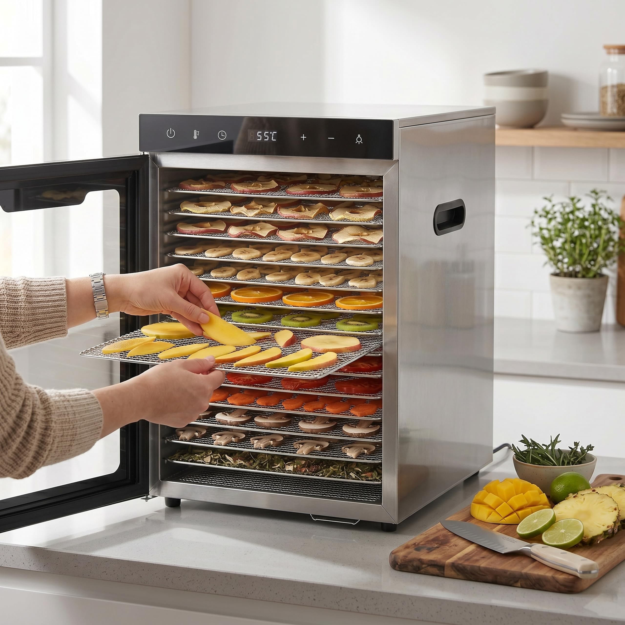 Arendo - Dörrautomat Edelstahl mit 16 Edelstahlgitter - 1000 Watt - 13400 cm² - 8 Programme - Dörrgerät Dehydrator Obsttrockner Dörrapparat - Obst Fleisch Pilze uvm - LED Touch Control