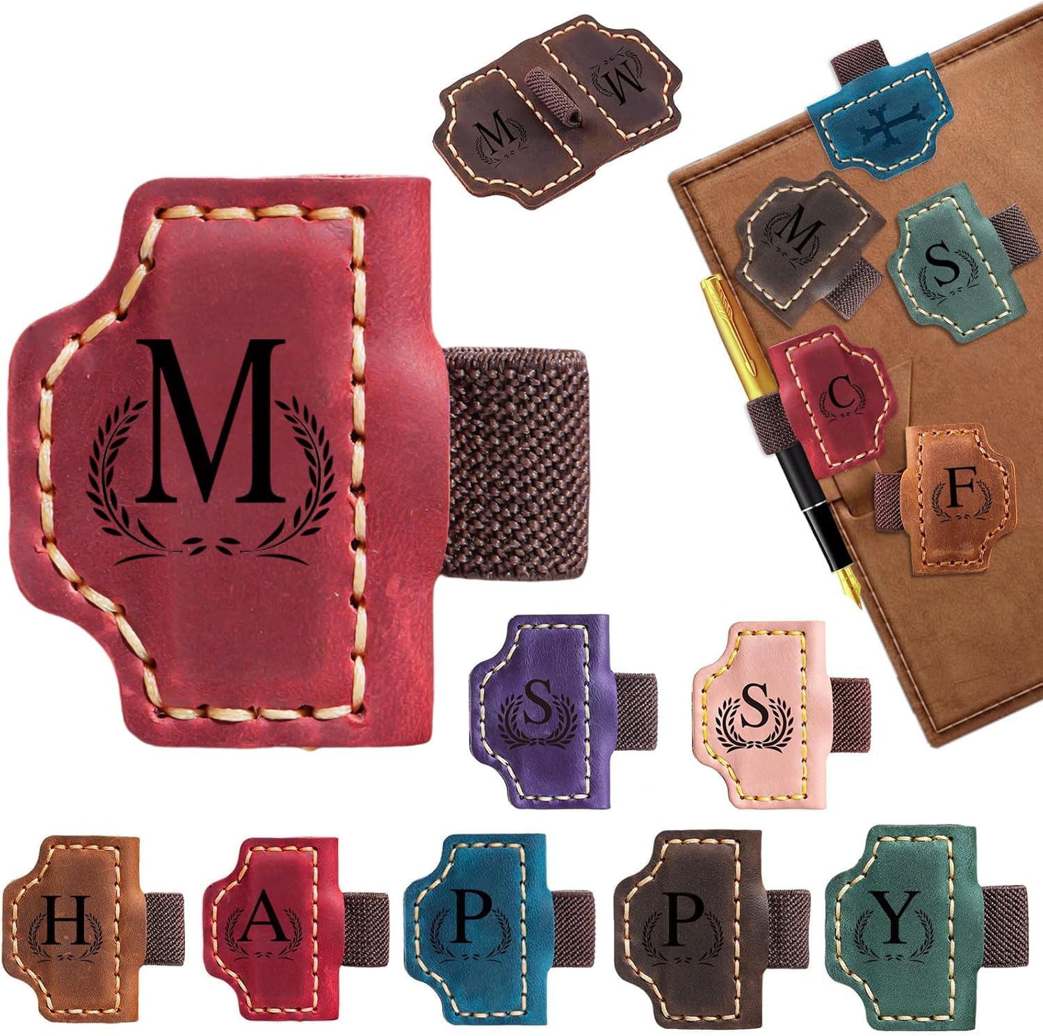 Custom Bygone Mark Bookmark with Pen Holder, 26 Letters Name Initial Personalized Magnetic Leather Bookmark, Gifts for Book Lovers, Readers, Travelers, Leather Book Marks (Wine Red, M)