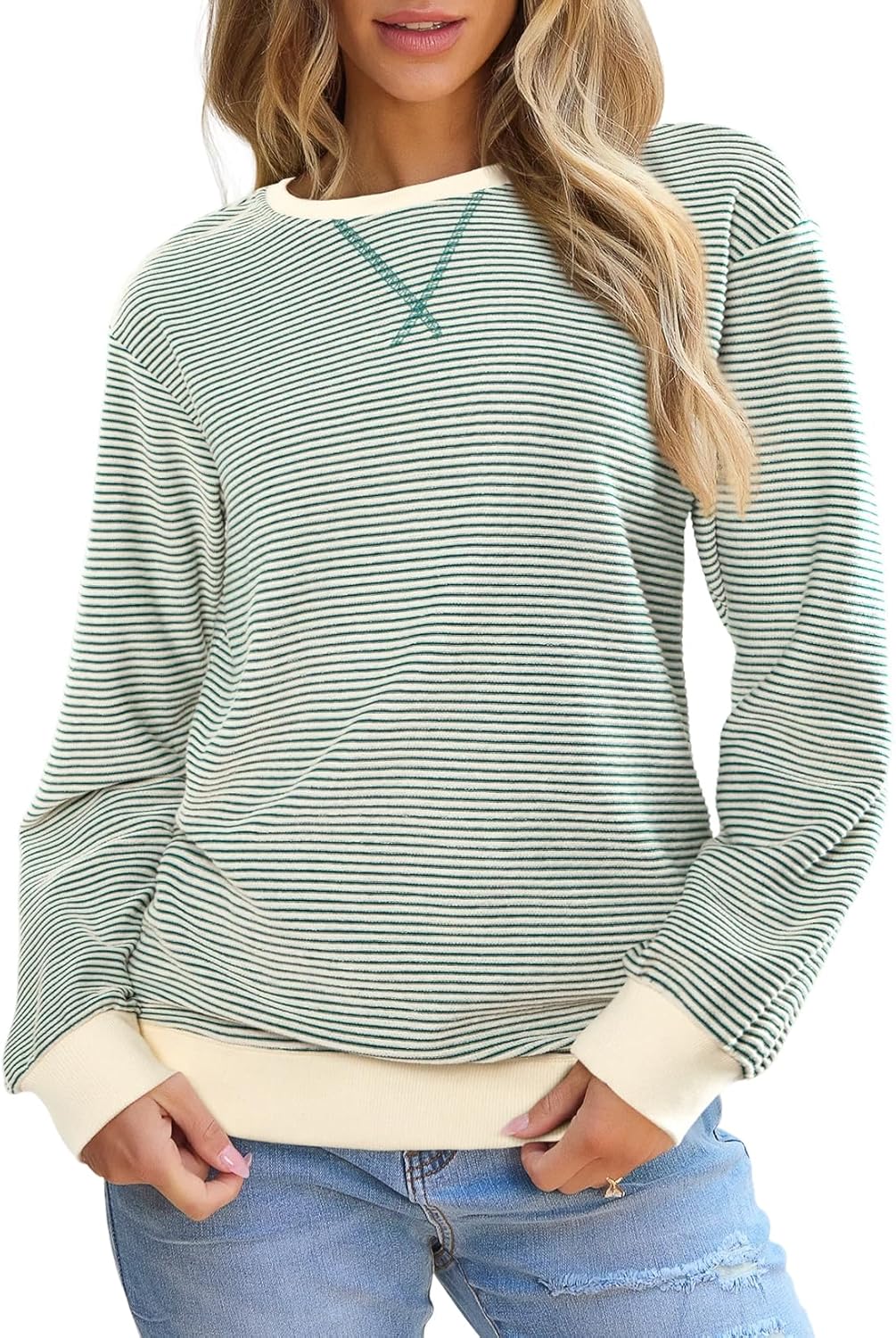 SHEWIN Womens Striped Sweatshirt Crewneck Casual Long Sleeve Pullover Tops Trendy 2025