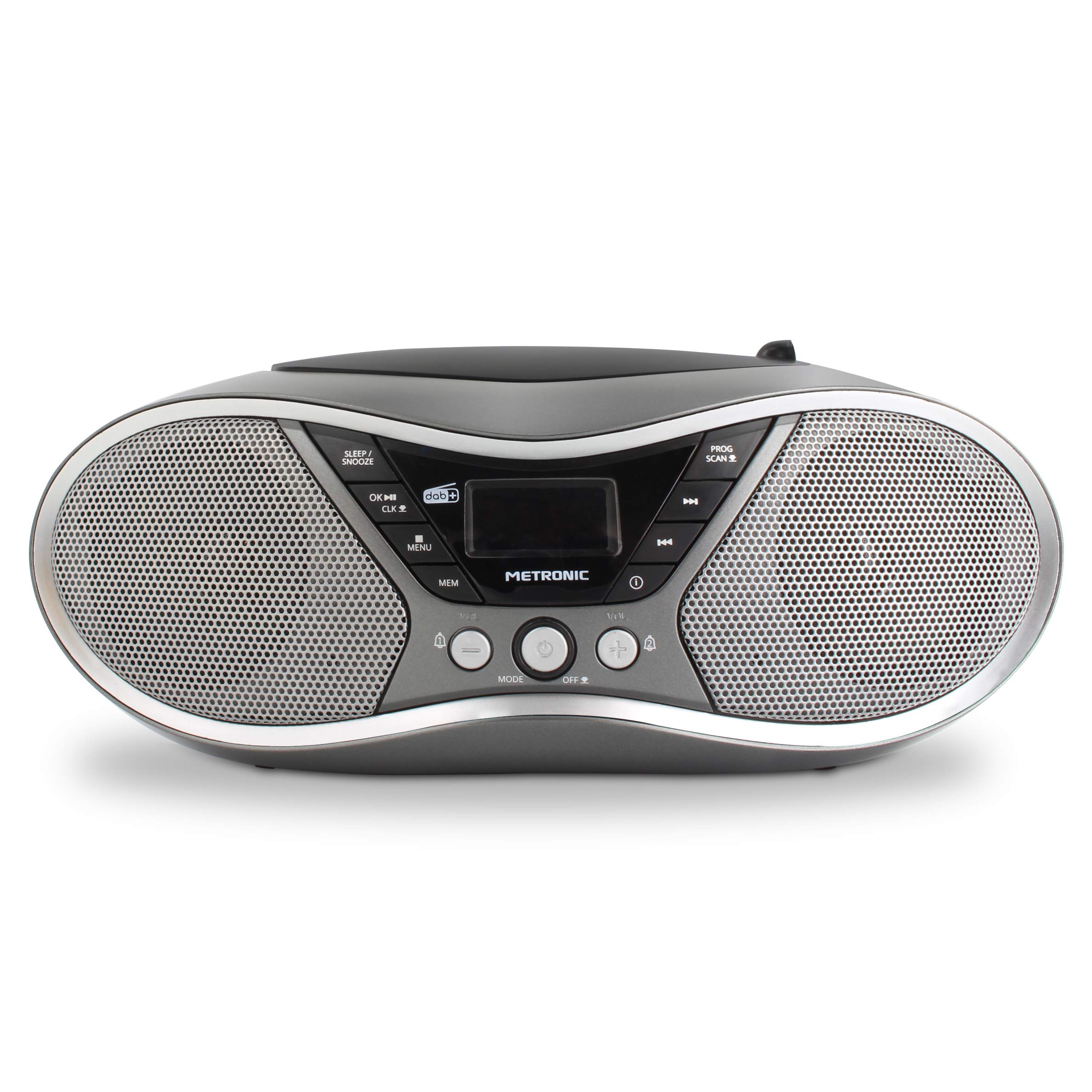 METRONIC 477171 Lecteur CD MP3 numérique DAB+ et FM RDS avec port USB, entrée audio, sortie casque, fonction double alarme - Gris et Noir