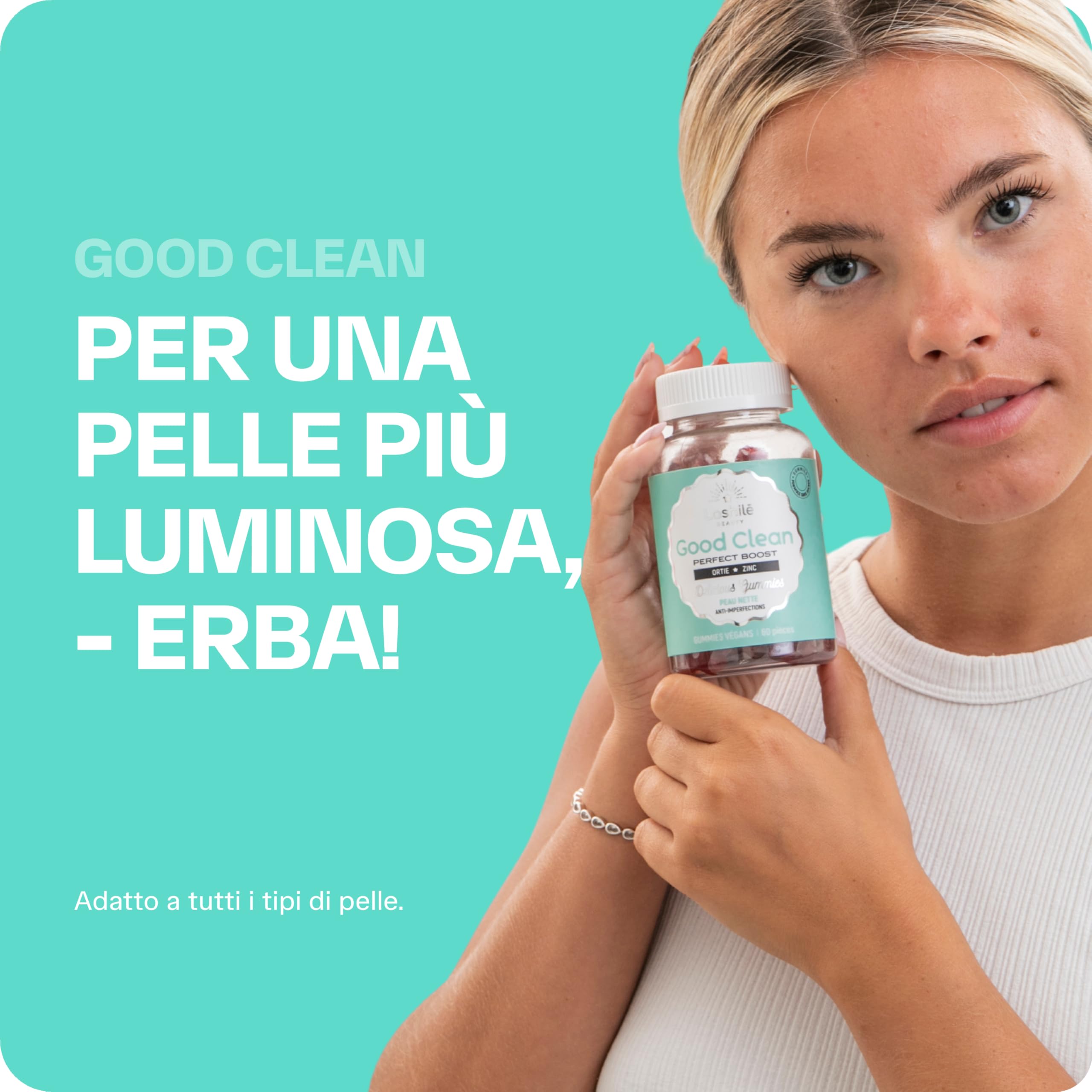 Lashilé Beauty - Integratore alimentare Anti-Acne - Pelle Netta e Anti-Imperfezioni - Regola il Sebo e Purifica - Good Clean Vitamine - Made in France - Bardana Ortica Zinco - Cura 2 Mesi 120 Gummies