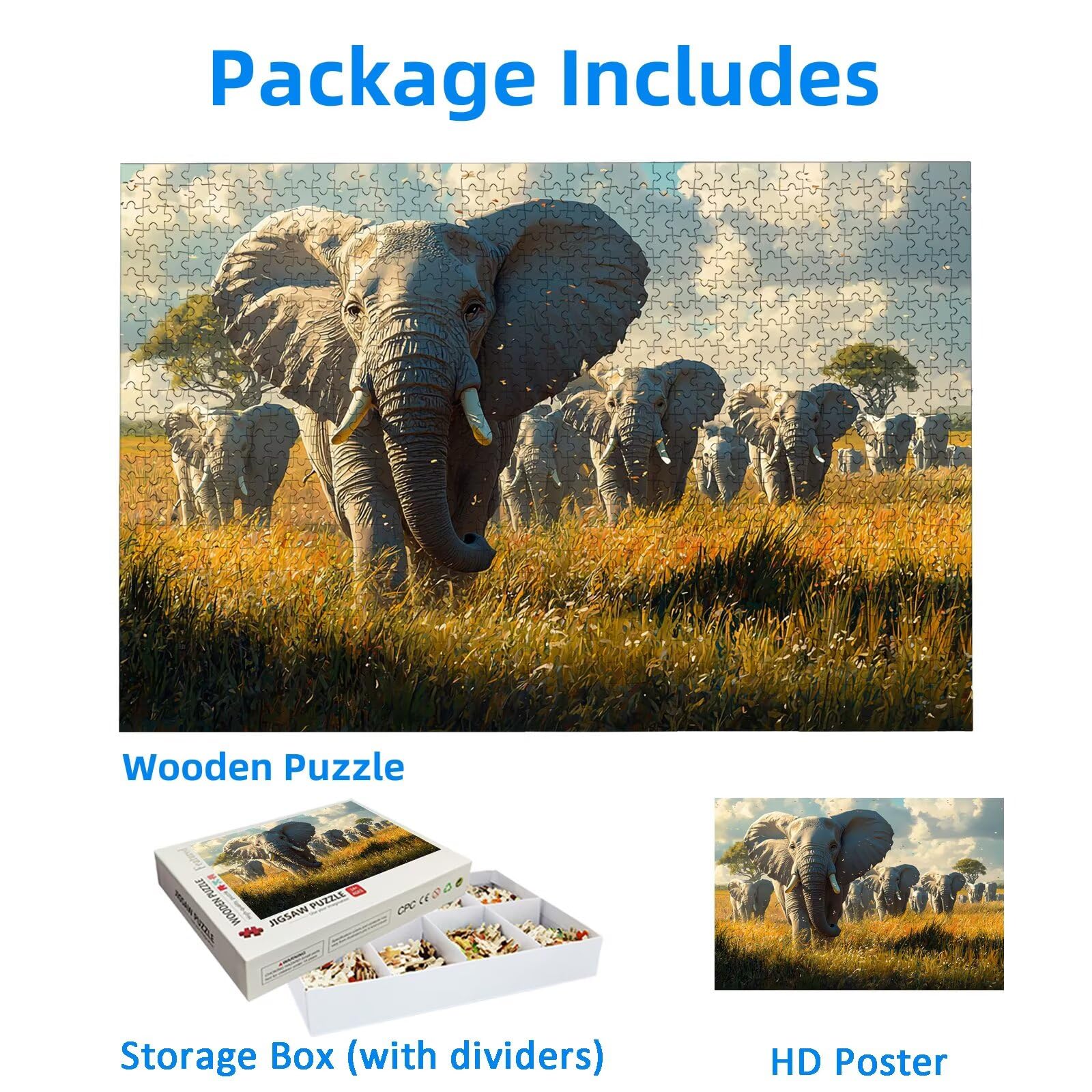 Puzzle 1000 elementów, słoń, puzzle 1000 elementów dla dorosłych, drewniane puzzle dla dorosłych, z ekskluzywnym pudełkiem do pakowania, klasyczne puzzle dla całej rodziny, duże puzzle na prezenty