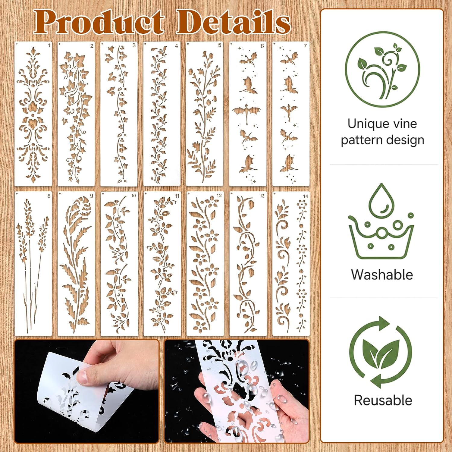 14 Pcs Leaf Stencil, 12 x 3 Inch Flower Stencils for Painting Wood