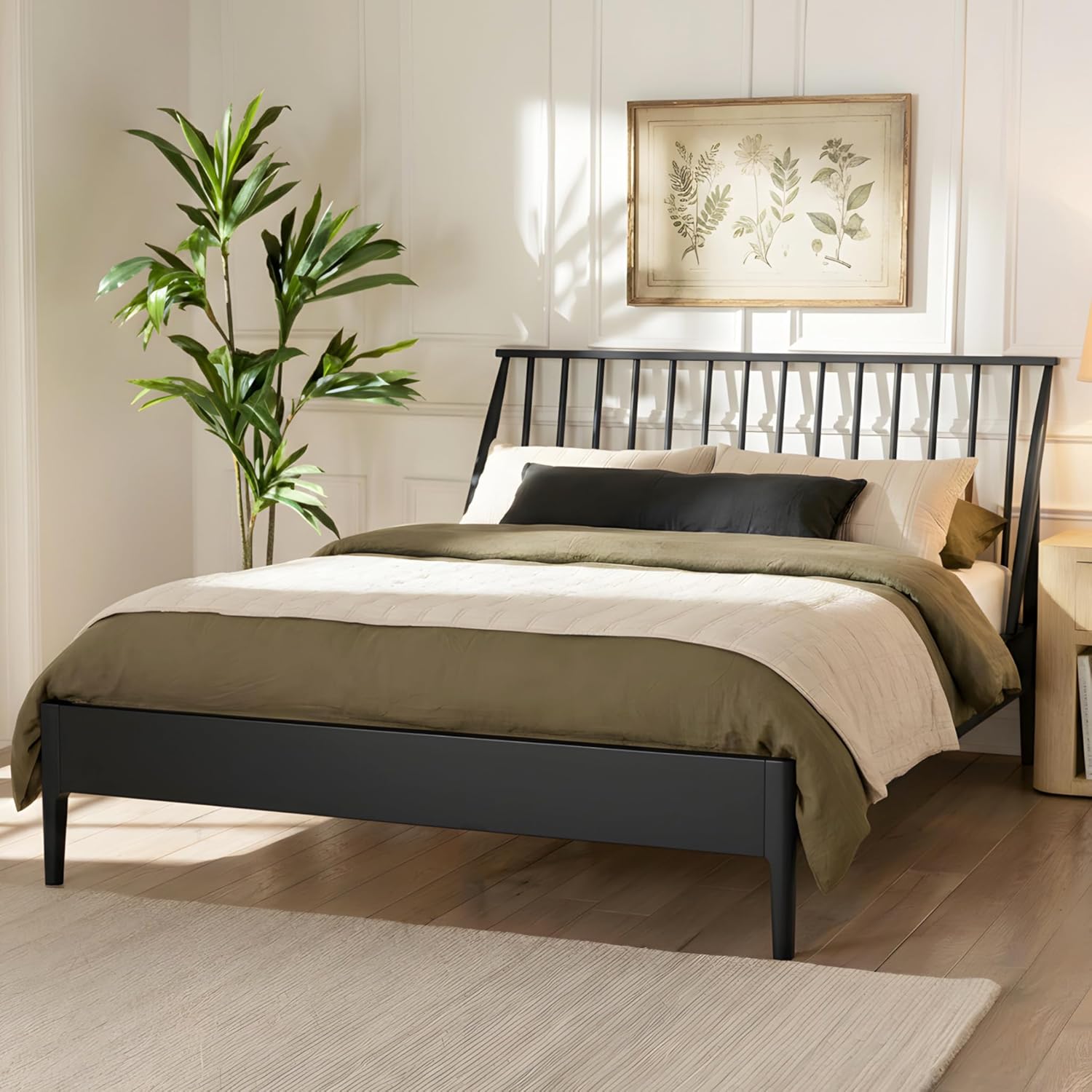 Merax Queen Size Solid Bamboo Wood Spindle Platform Queen Bed with 46.5" Tall Headboard, Bohemian Bed Frame with Wooden Slats and Metal Support, Mid-Century Modern Style, No Box Spring Needed, Black