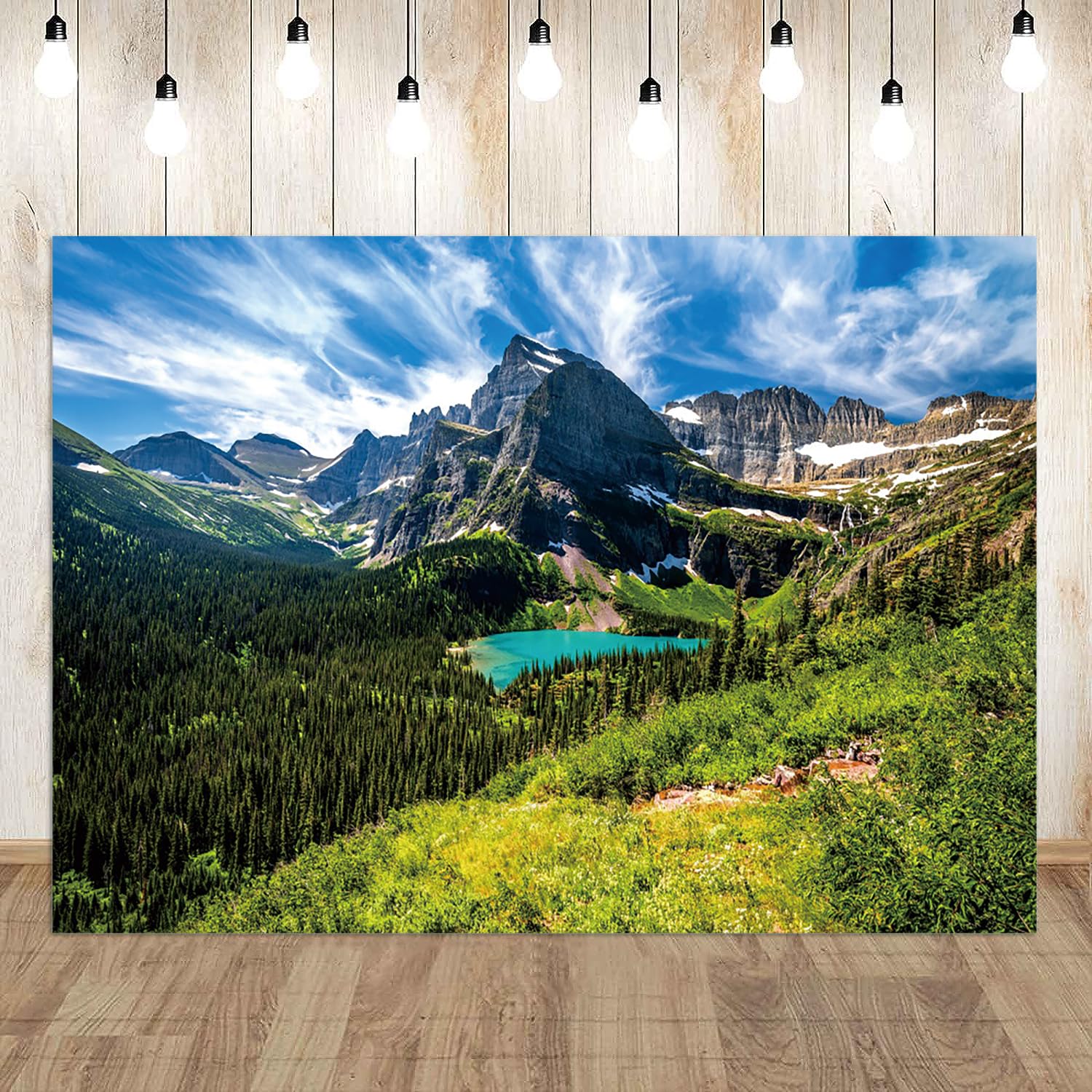 10x8ft Mountain Lake Backdrop Green Forest Tree Blue Sky Nature Scenery Background Kids Adults Holiday Vacation Travel Portrait Hiking Camping Wall