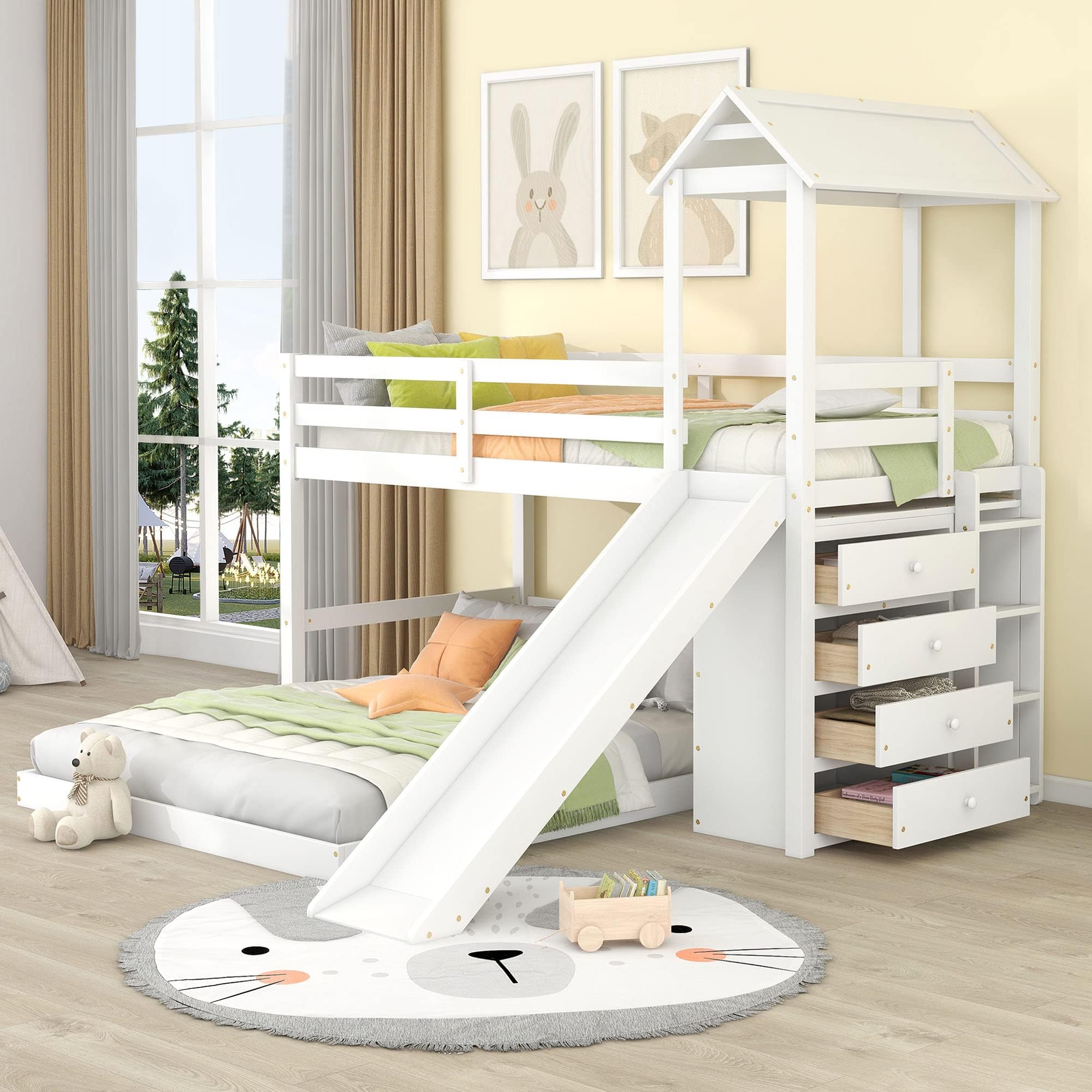 Solid Wood Twin over Full House Bunk Bed with Slide and 4 Storage Drawers for Kids, House Play Design Bunk Bed Frame with Safety Guardrail and Storage Ladder, Strong Wood Slats Support (White-S)
