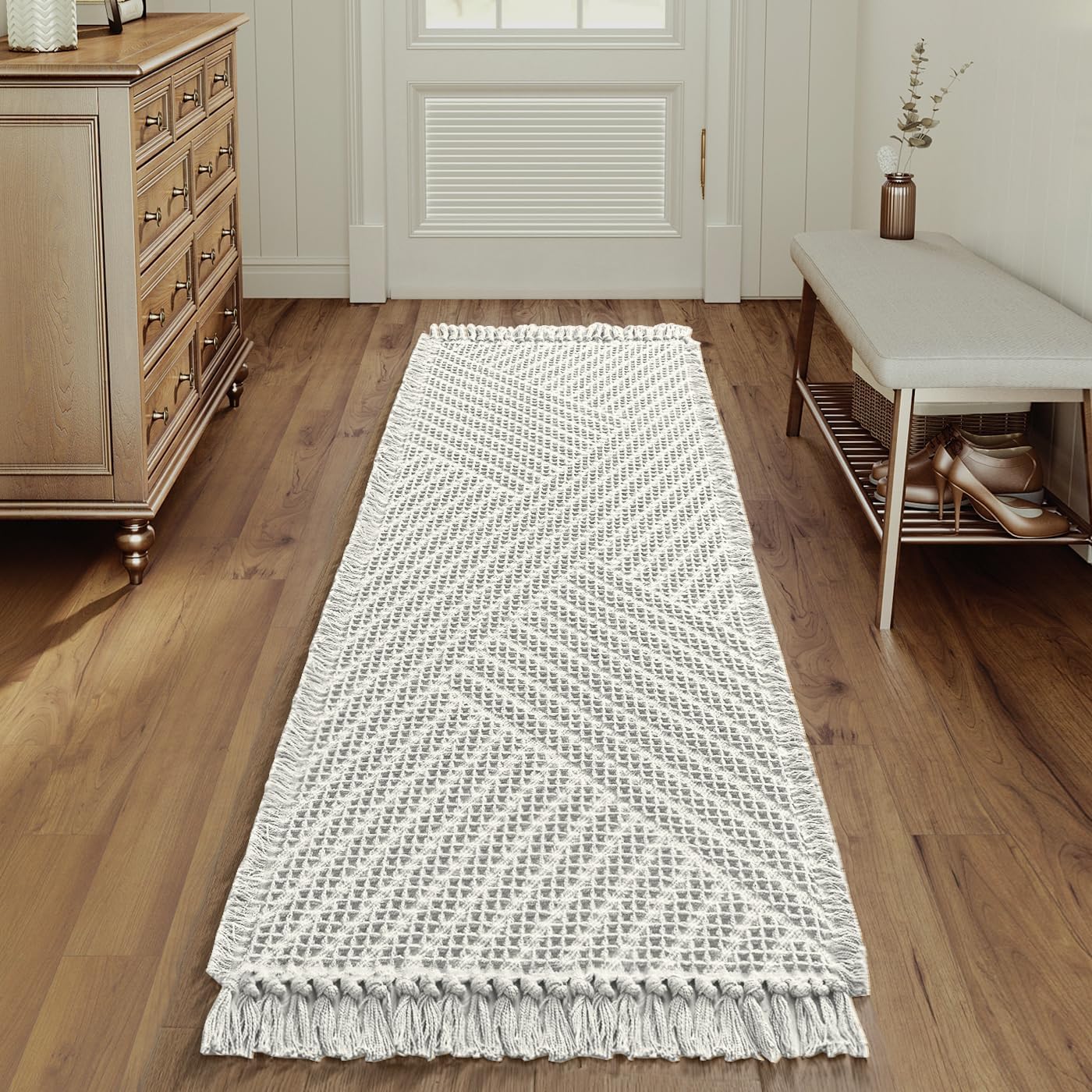 H.VERSAILTEX Waffle Bath Runner Rug Long Bath Mat Super Absorbent Boho Bath Rugs Non Slip Bath Runner for Bathroom Floor Machine Washable Dry Fast Bathroom Rugs with Tassels, 24" x 72", Ivory White 24" x 72" Ivory White