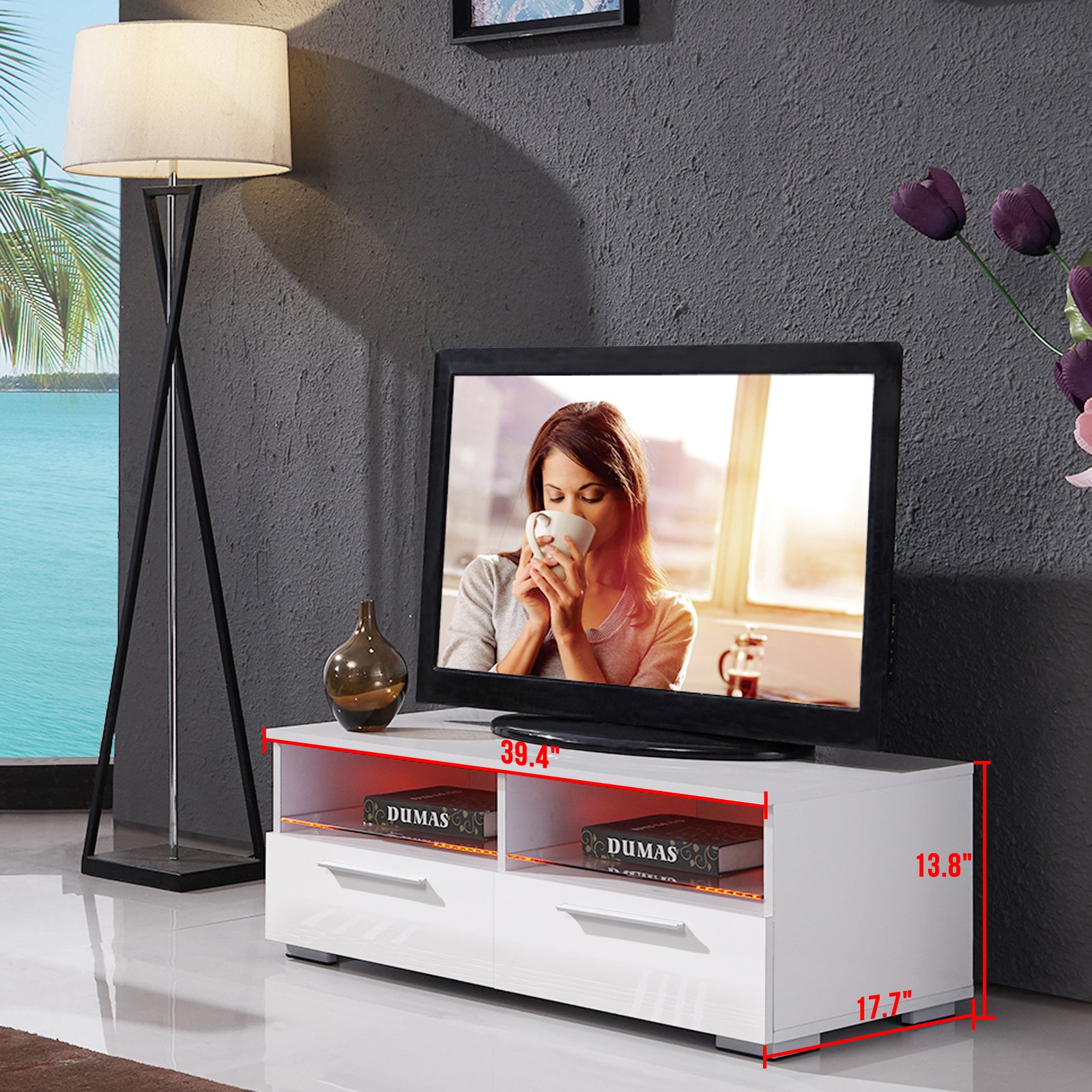 mecor High Gloss TV Stand TV Unit with LED Lights Modern White